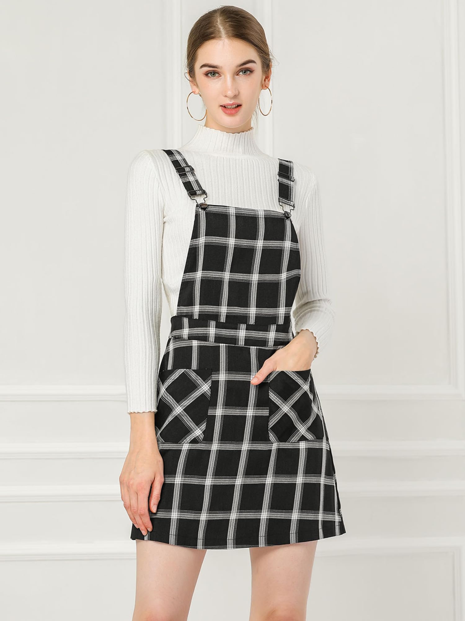 Allegra K Women's Adjustable Strap Plaid Print Overalls Dress - Stylish Suspender Skirt Above Knee for Casual Outings & Spring Fashion