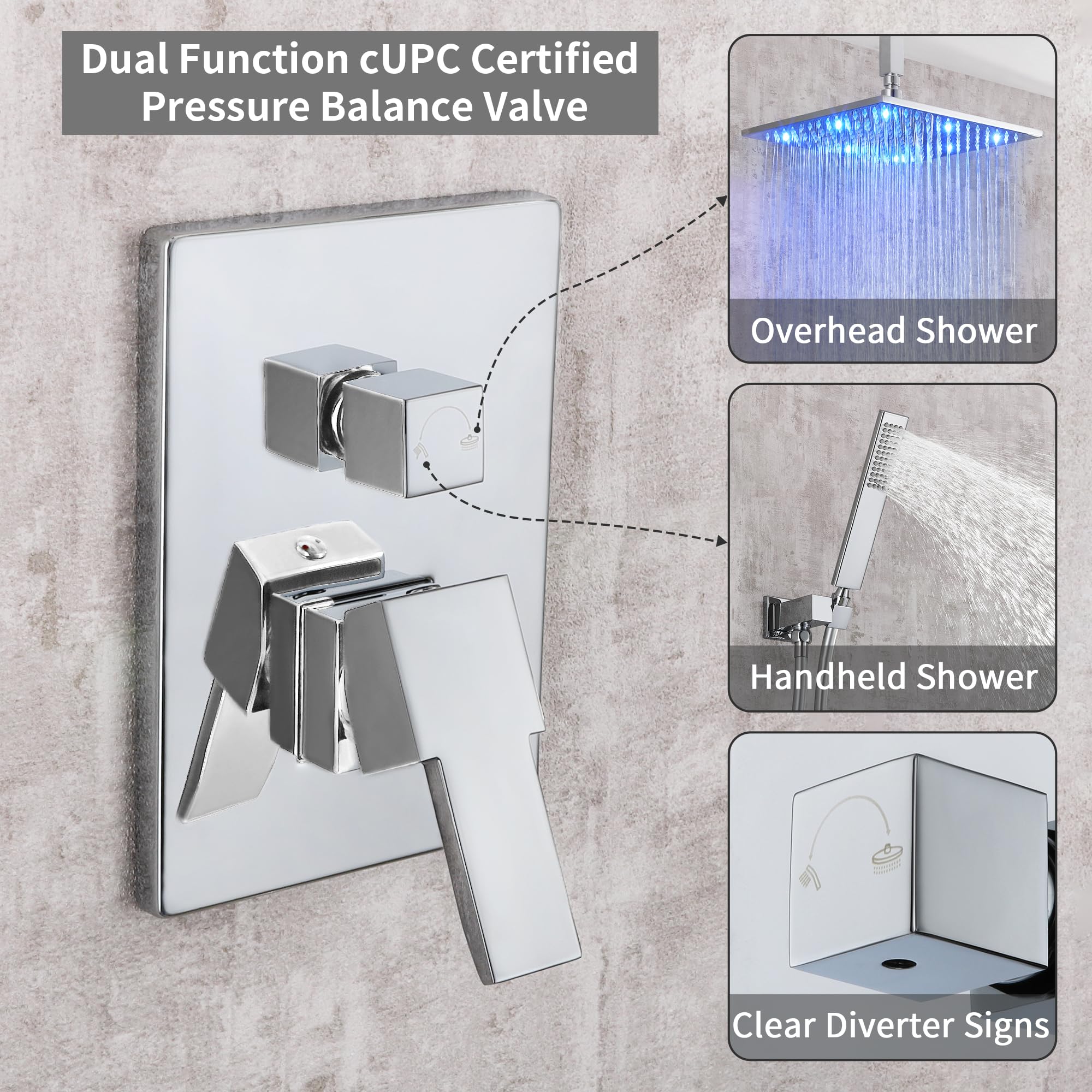 Skowll Chrome Shower Faucet Set - 12 Inch Rainfall LED Shower Head with 2 Function Valve Kit for Modern Bathroom | Perfect for Spa-Like Experience & Water Saving