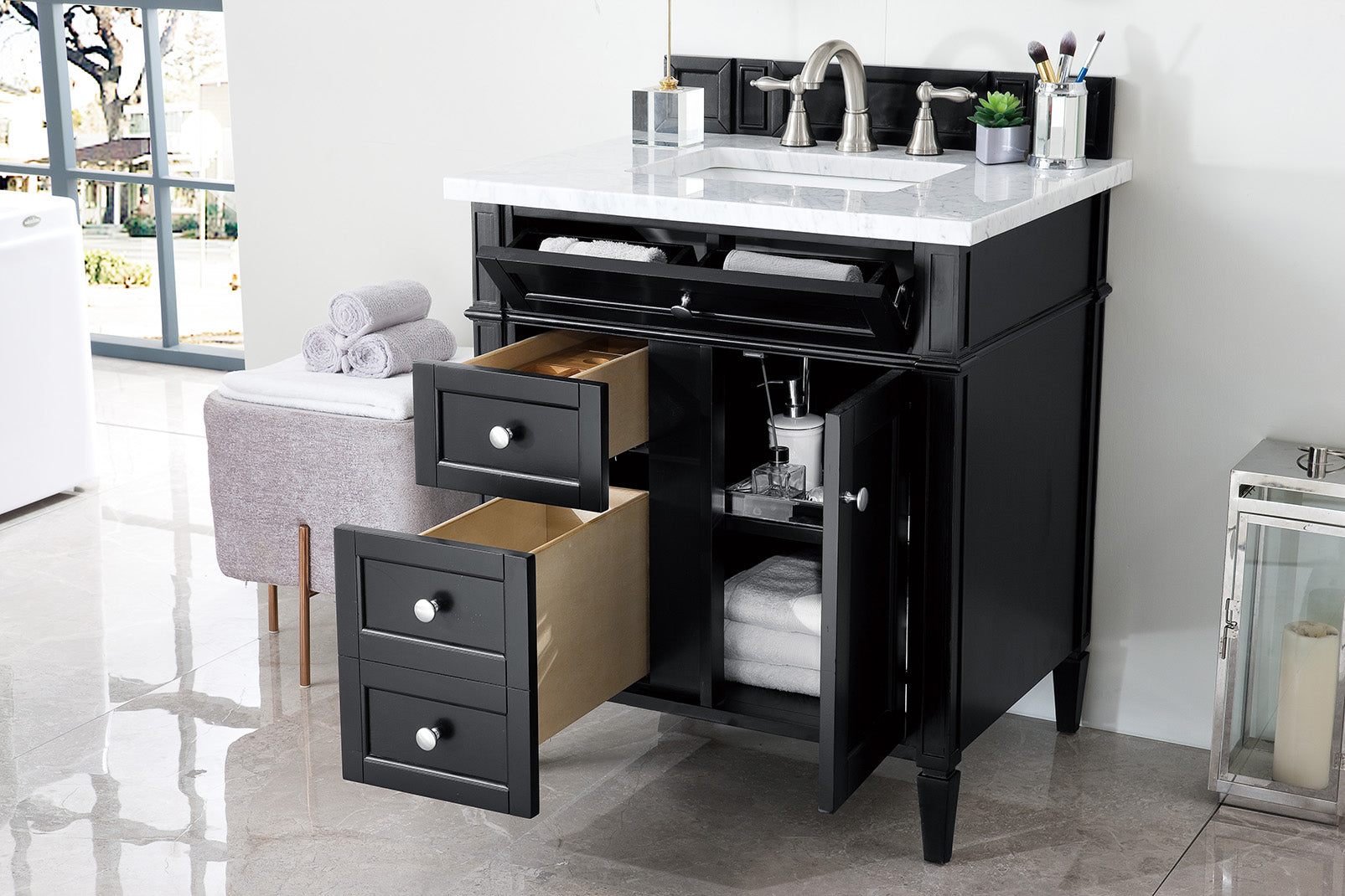 Brittany 30-Inch Single Bathroom Vanity in Black Onyx with 3CM Carrara Marble Top - Perfect for Modern Master Bathrooms and Powder Rooms