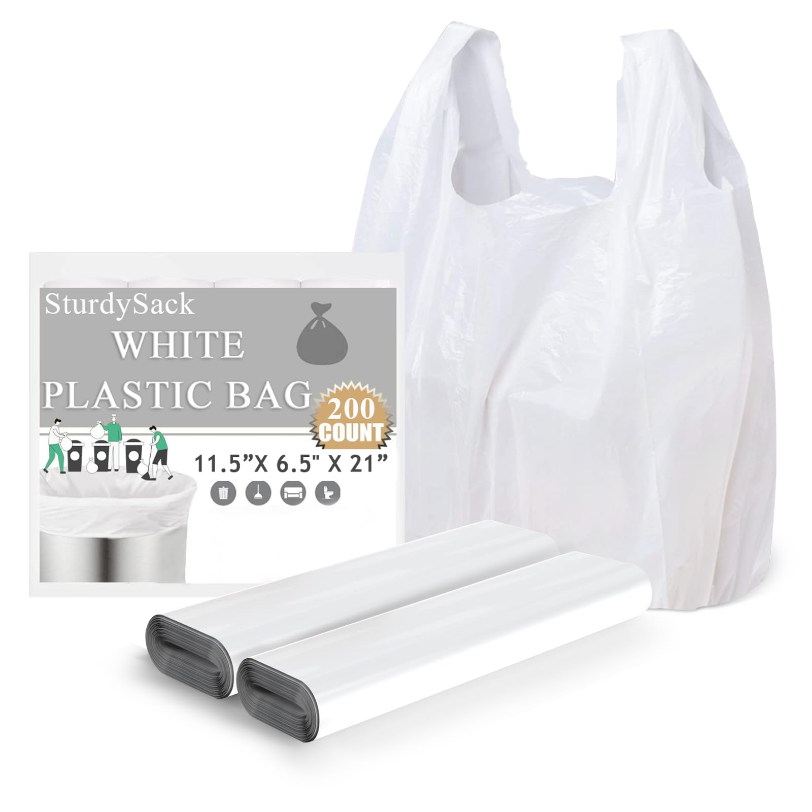 200 Count White T-Shirt Plastic Bags with Handles - 11