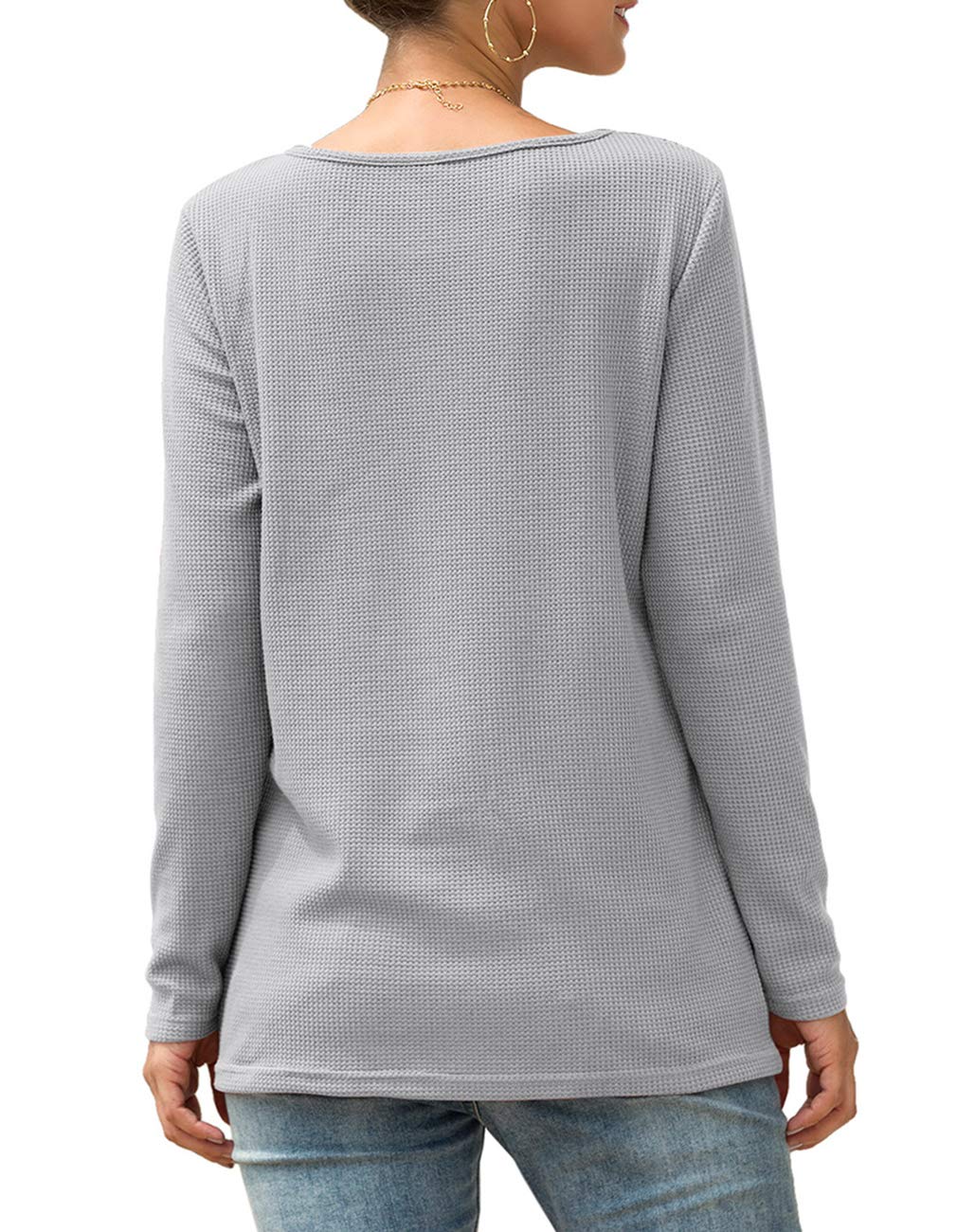 Women's Floral Lace Patchwork Crewneck Long Sleeve Waffle Knit Blouse with Twist Knot Front - Casual Fall Tops for Work, Date Night & Layering