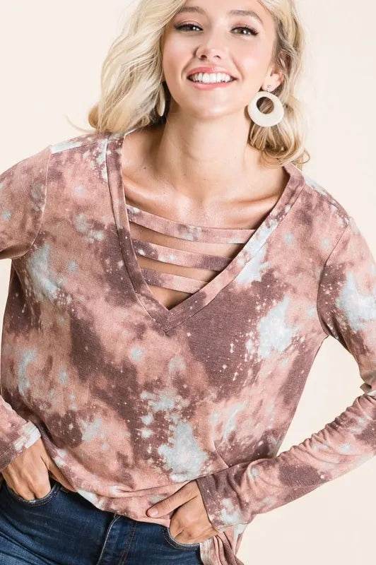 BiBi Tie Dye French Terry V-Neck T-Shirt for Women | Soft Casual Top | Perfect for Summer Outfits, Beach Wear & Lounge