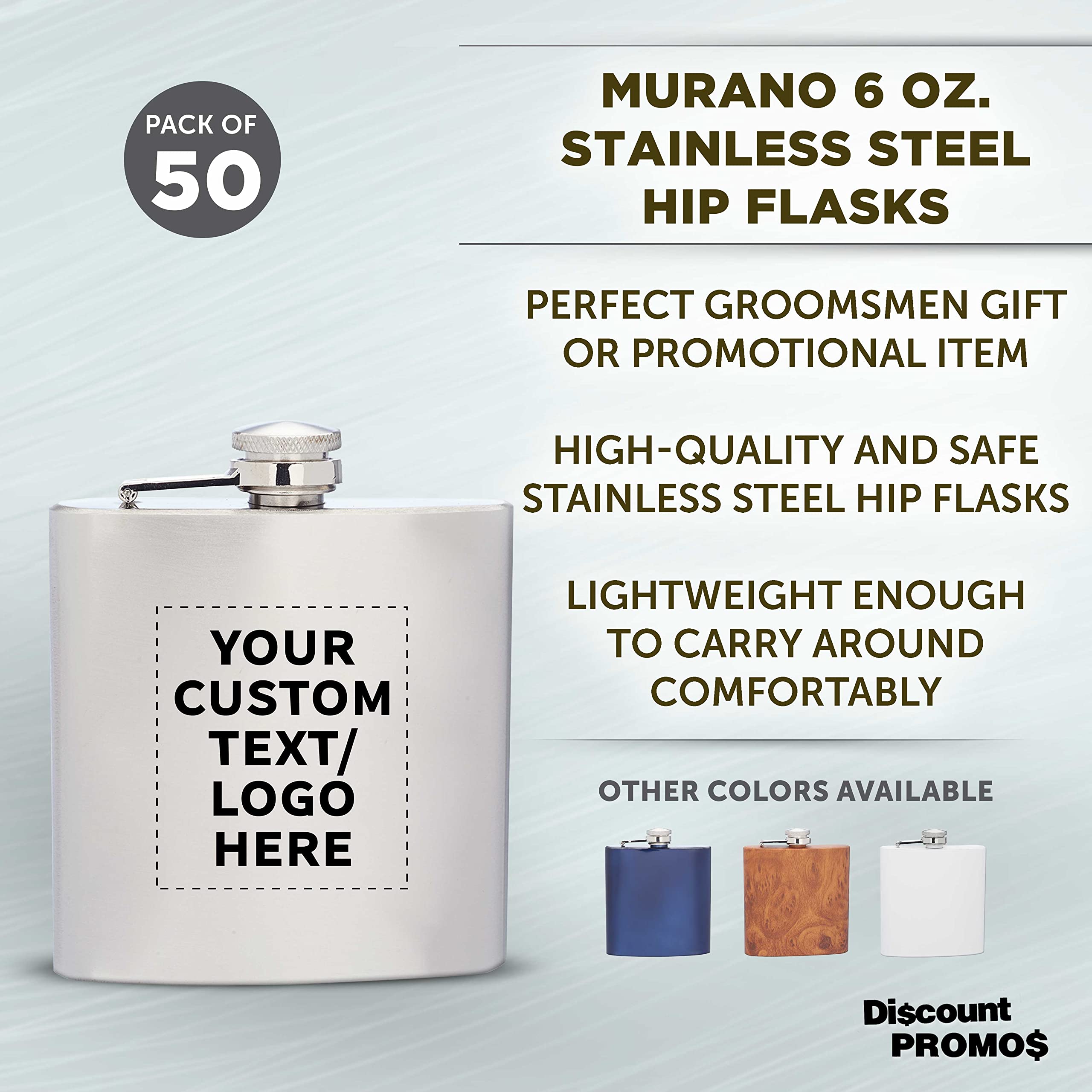 Personalized Stainless Steel Hip Flasks 6 oz (Set of 50) - Custom Engraved Wedding Party Gifts, Groomsmen Gifts & Outdoor Accessories - Screw Top Cap, Durable Silver Flasks for Camping, Hiking, Travel & Special Occasions