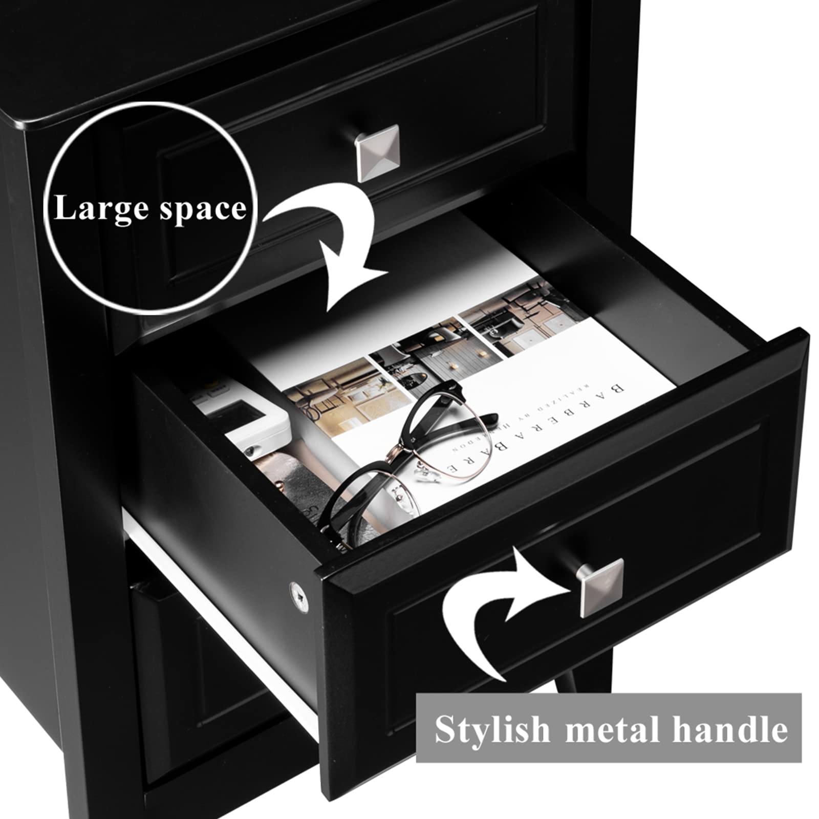 Bonnlo Upgraded 3-Drawer Nightstand Set of 2 - Modern Wooden Black Bedside Tables for Small Spaces, Bedroom, College Dorm, Kids Room & Living Room | Compact Storage Solution with Stylish Design for Home Decor & Apartment Essentials (24H)