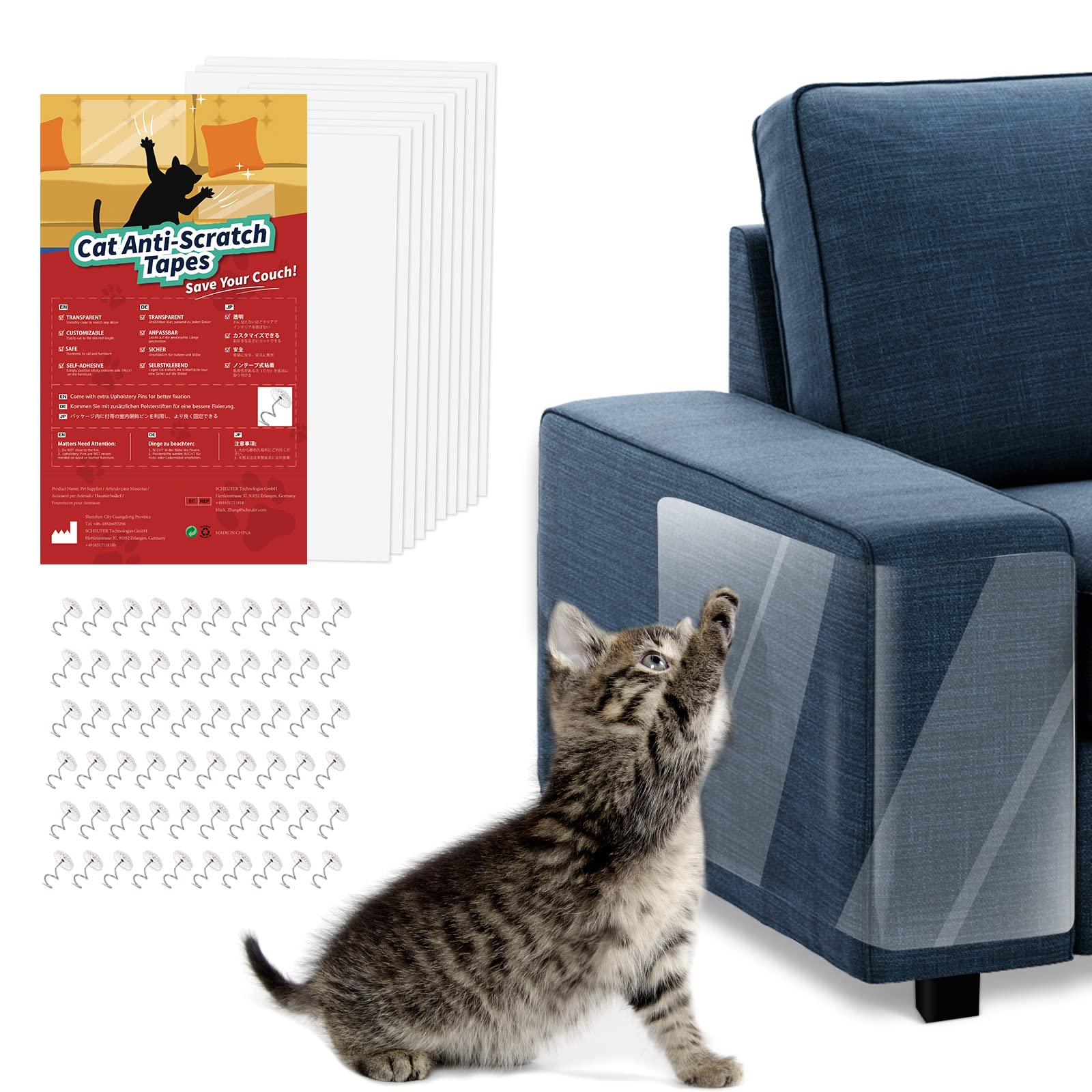 VavoPaw Cat Scratch Deterrent Tape - 10 Pack Single Side Sticky Furniture Protector for Couches, Sofas & Corners | Anti-Scratch Training Tape for Cats with 60 Pins | Protect Your Furniture from Cat Damage & Clawing