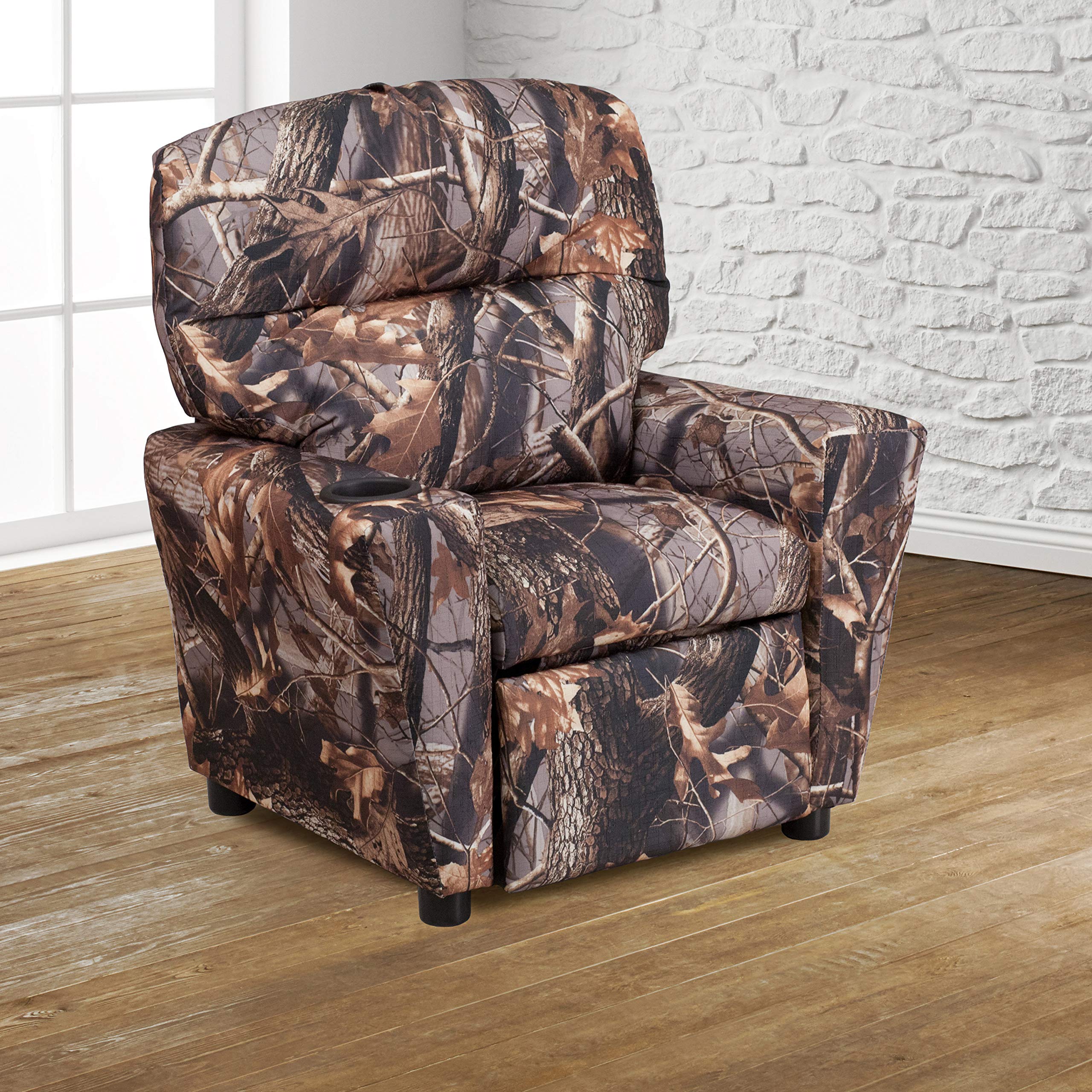 Emma & Oliver Camouflage Kids Recliner Chair with Cup Holder - Comfortable Children's Armchair for Bedroom, Playroom & TV Watching