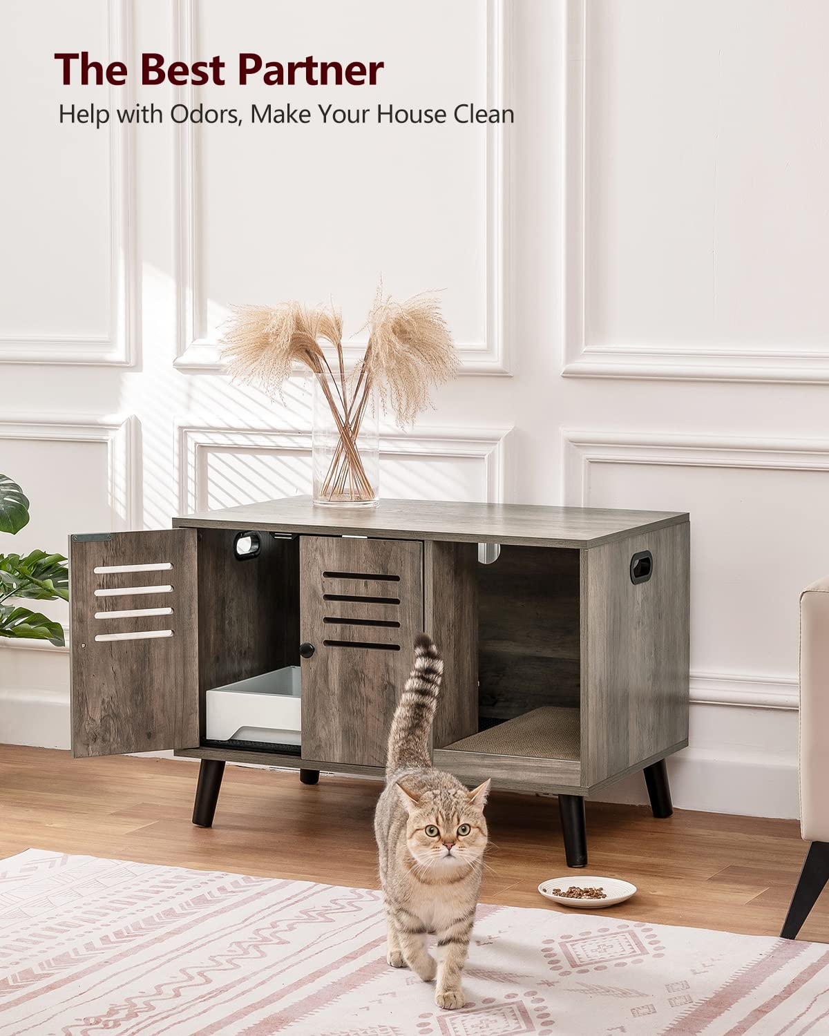 WEENFON Hidden Cat Litter Box Furniture Enclosure with 2 Mats - Litter Mat & Scratching Mat - Pet Crate Cabinet for Indoor Cats - Fits Most Litter Boxes - Louvered Doors - Greige (CWFMSG001M) - Perfect for Living Rooms, Bedrooms & Small Spaces