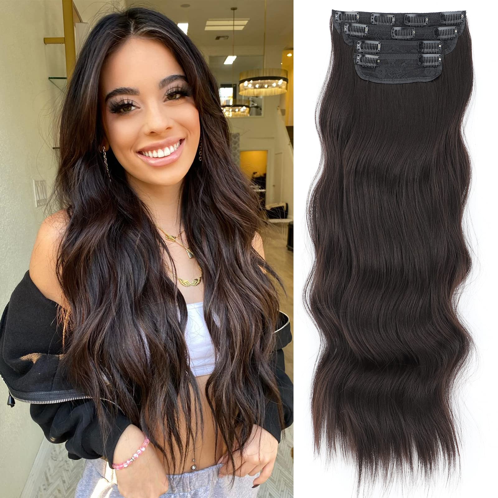 Vigorous Dark Brown Clip-In Hair Extensions 24 Inch Long - 4Pcs Thick Wavy Synthetic Hairpieces for Women | Perfect for Parties, Weddings & Everyday Styling