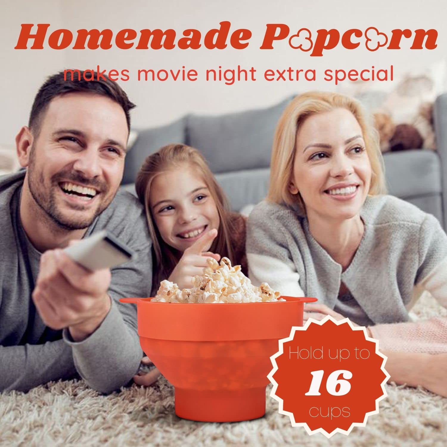 Flexzion Microwave Popcorn Popper Maker with Lid - Collapsible Silicone Bowl, BPA-Free Food Grade Container for Home, Kitchen, Parties & Camping - Perfect for Movie Nights, Snacks & Family Gatherings (Orange)