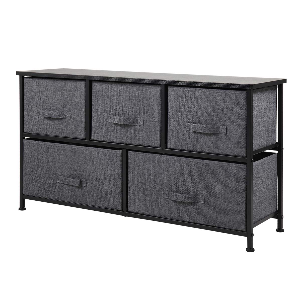 5-Drawer Fabric Storage Chest with Sturdy Steel Frame & Wood Top - Wide Dresser Organizer for Bedroom, Hallway, Entryway, Closets & Nurseries - Easy Pull Handle, Black - Perfect for Small Space Organization & Home Decor