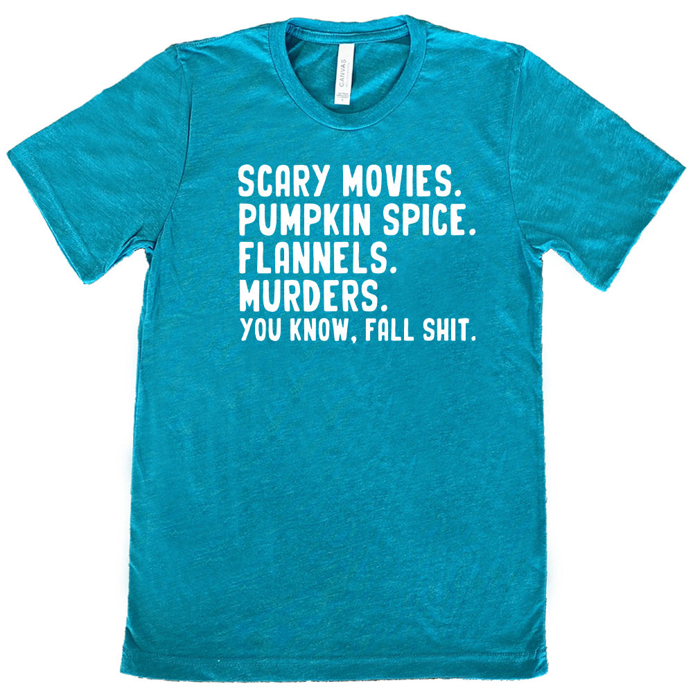 Unisex Fall Shirt - Scary Movies, Pumpkin Spice & Flannels Design | Perfect for Halloween, Autumn Outfits & Cozy Seasonal Style
