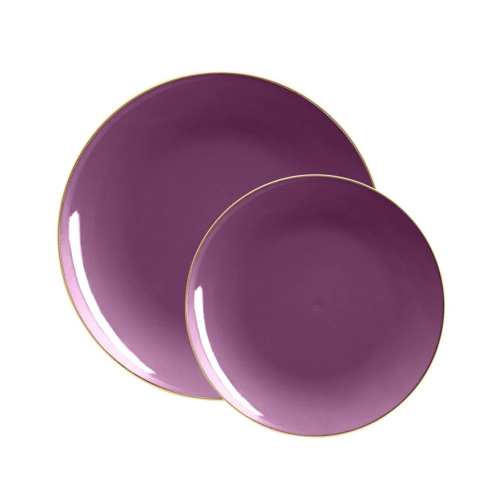 Eco-Friendly Purple and Gold Rim Round Plastic Plates - 12-Pack Durable Disposable Dinner Plates for Parties, Picnics, BBQs & Events