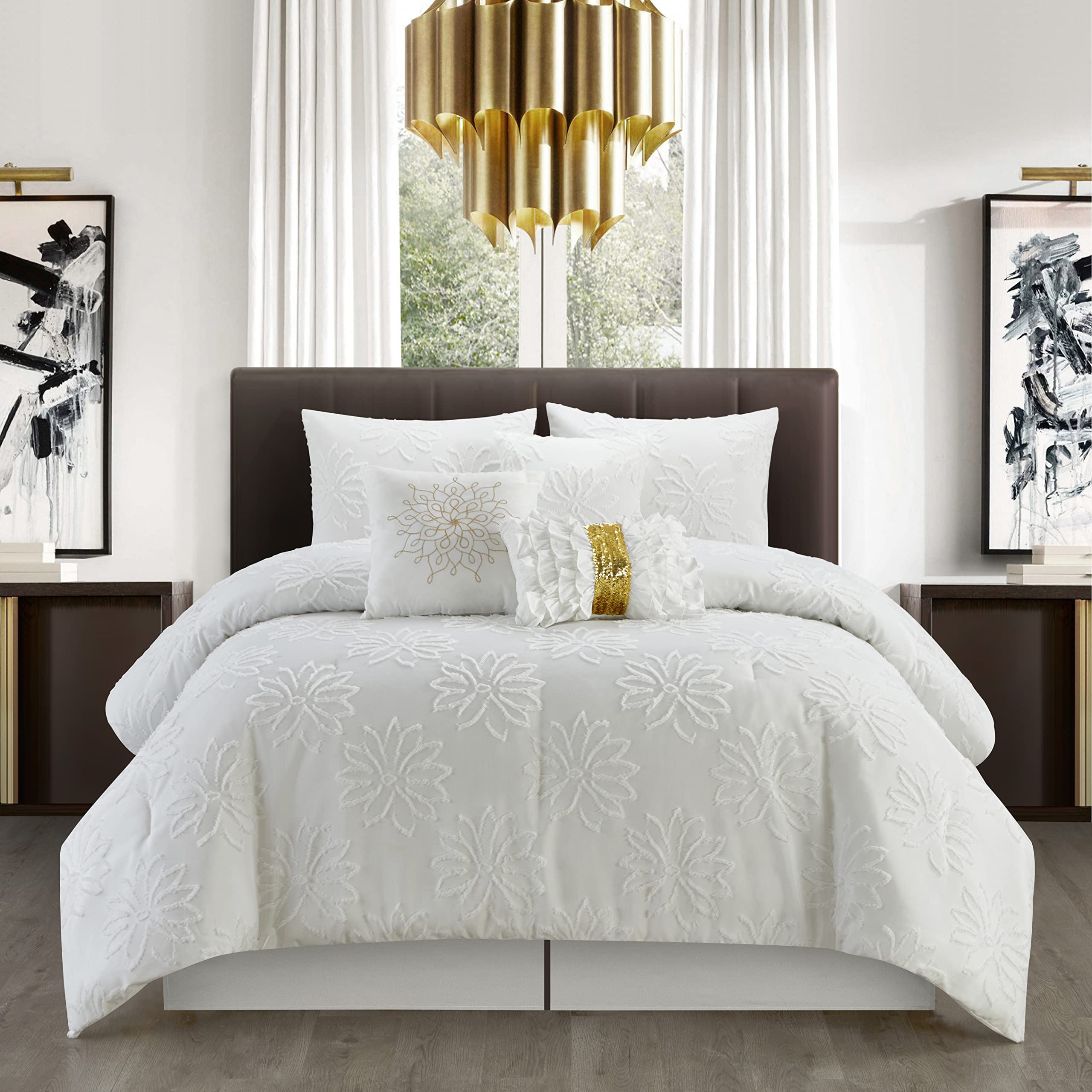 Luxury 7-Piece Queen Size Comforter Set - Soft White Bedding Collection with Pillow Shams & Decorative Throw | Perfect for Master Bedrooms, Guest Rooms & Cozy Home Decor