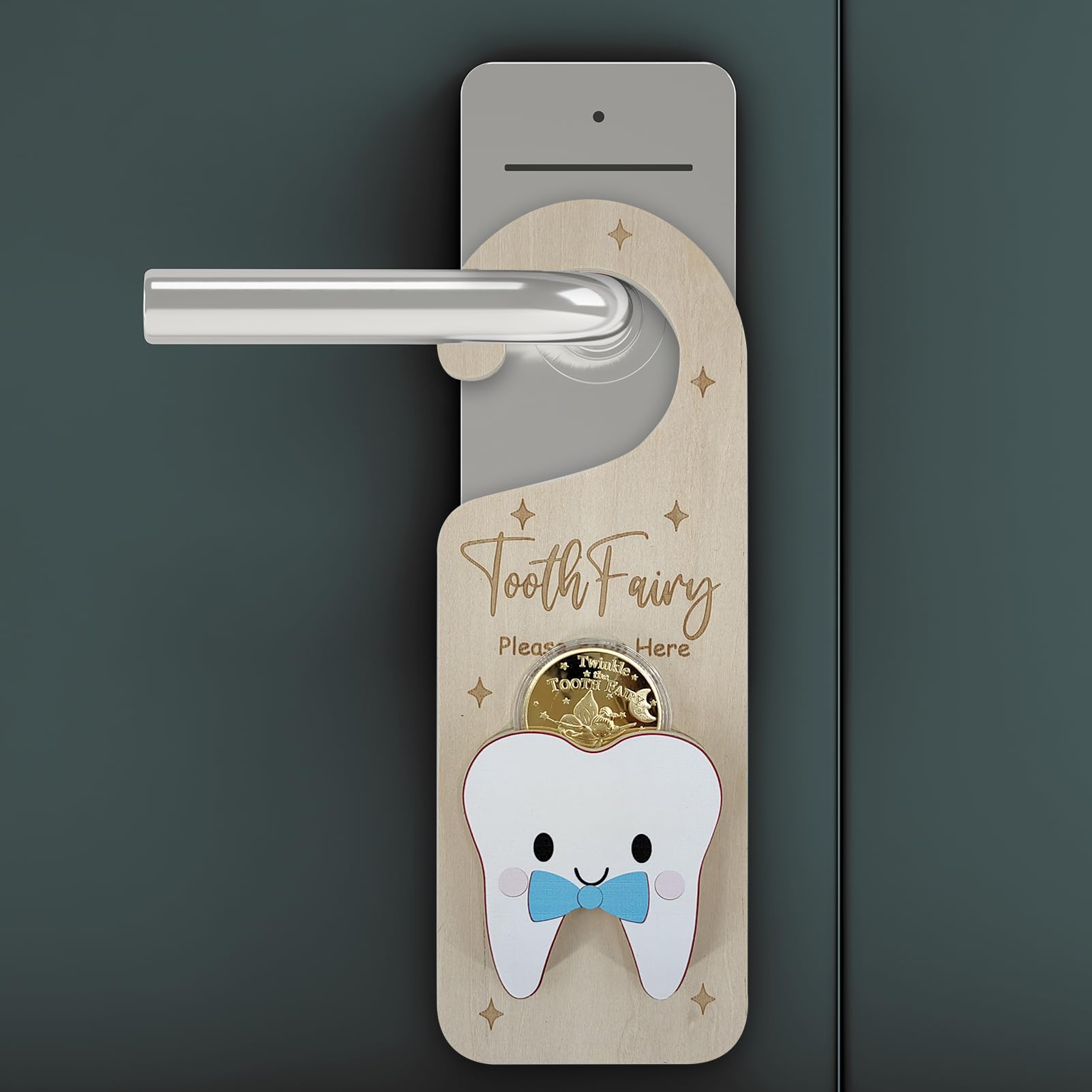 PAMBO Wooden Tooth Fairy Door Hanger with Tooth Coins - Magical Lost Tooth Holder for Kids | Perfect First Tooth Keepsake & Bedroom Decor (Blue)