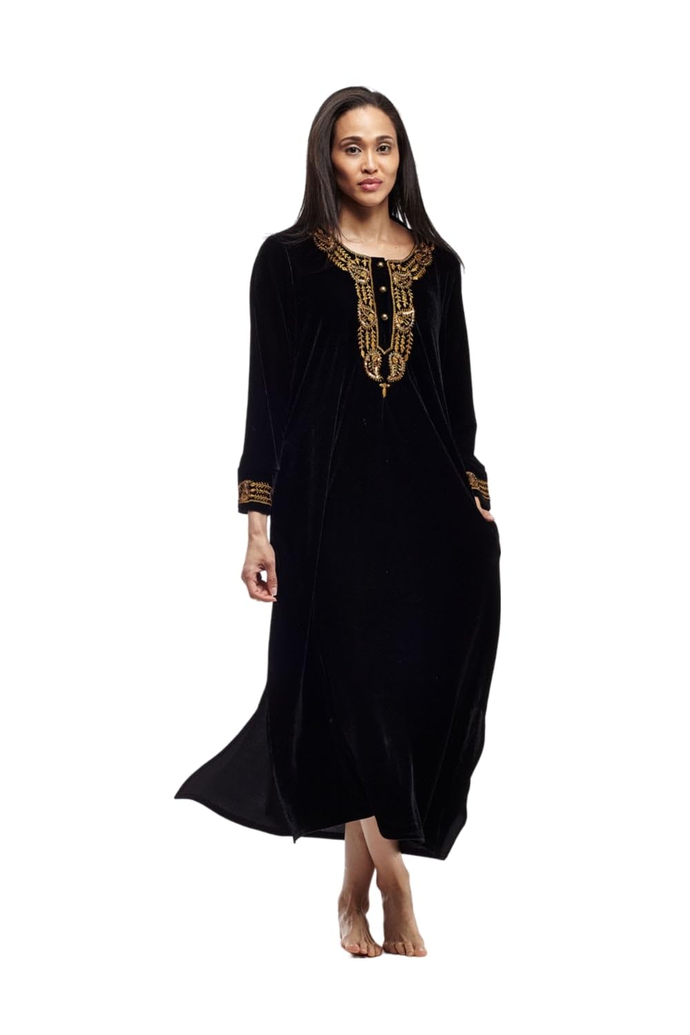 LA CERA Women's Velvet Embroidered Dress - Elegant Scoop Neck Long Sleeve Formal Dress with Side Pockets for Holiday Parties, Weddings & Evening Events (Hand Wash Only)