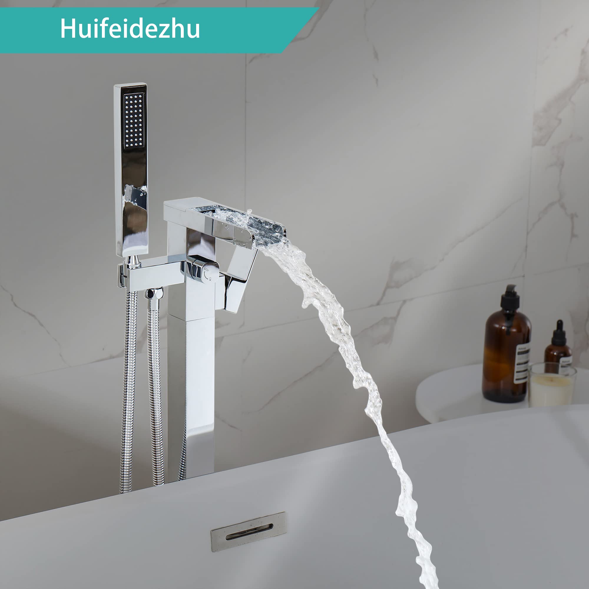 Freestanding Bathtub Faucet with Hand Shower - Chrome Floor Mount Tub Filler with Handheld Sprayer - Solid Brass Single Handle Bathroom Faucet Set for Luxury Soaking Tubs - Perfect for Modern Spa Bathrooms and Master Suite Renovations