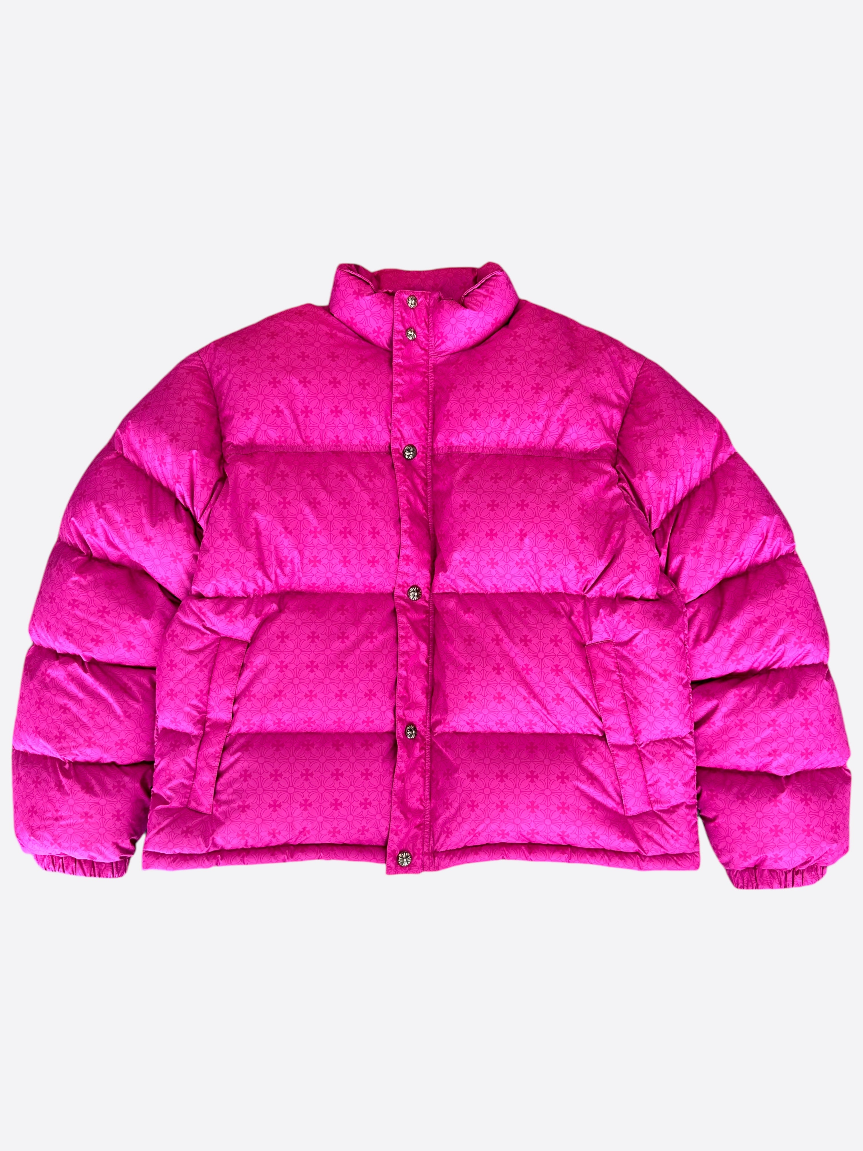 Chrome Hearts Pink Cross Jacquard Puffer Jacket for Women - Stylish Winter Coat with Embroidered Cross Design | Perfect for Streetwear & Cold Weather Fashion