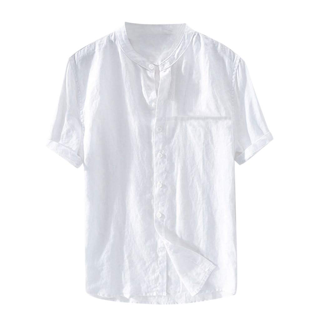 Men's Slim Fit Short Sleeve Dress Shirts - Breathable Cotton Linen Blend Casual Shirt for Work & Summer | Retro Solid Color T-Shirt Tops for Office, Dating & Outdoor Activities