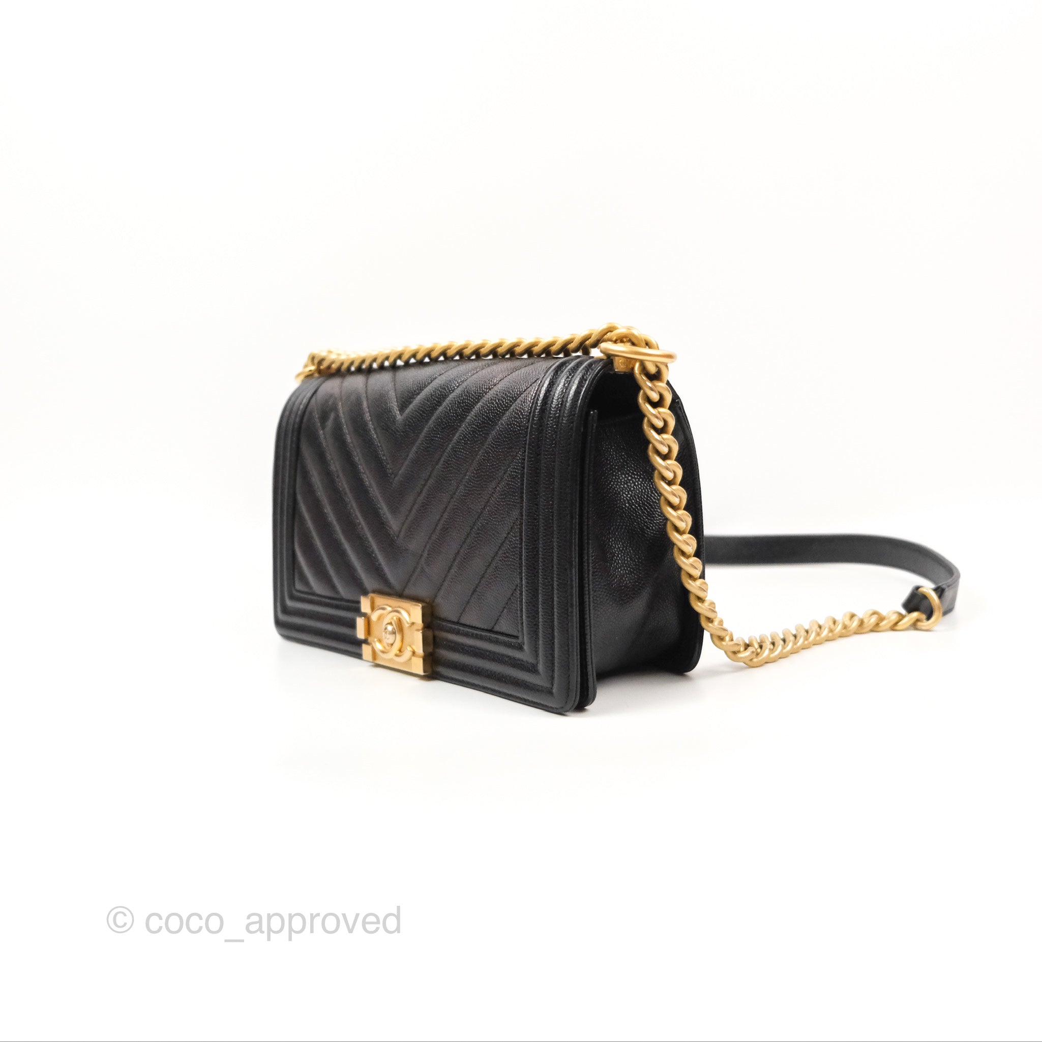 Chanel Chevron Medium Boy Bag in Black Caviar Leather with Aged Gold Hardware - Luxury Crossbody Bag for Women, Perfect for Evening Events & Parties
