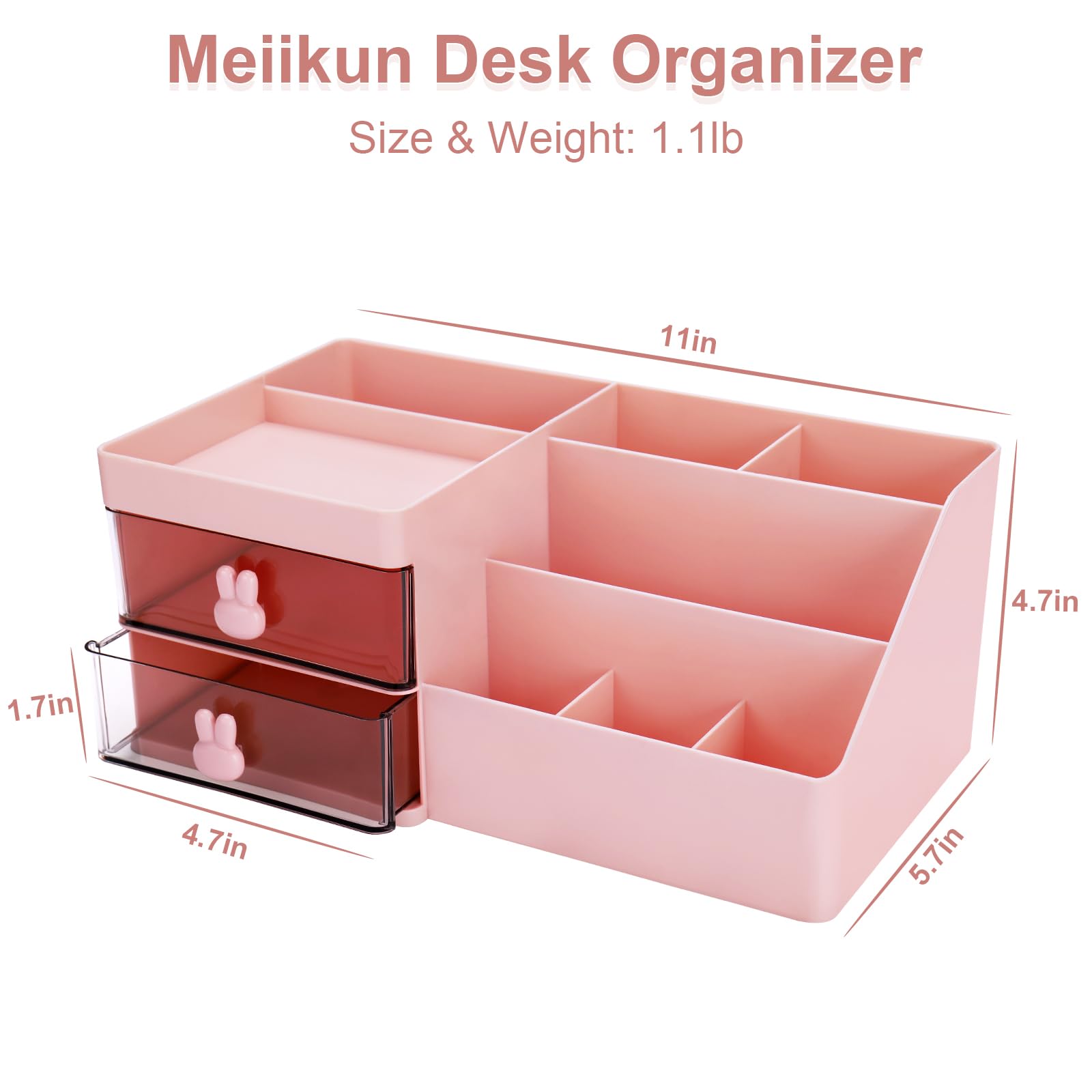 Pink 2-Drawer Makeup Organizer with 7 Compartments & Top Tray - 11