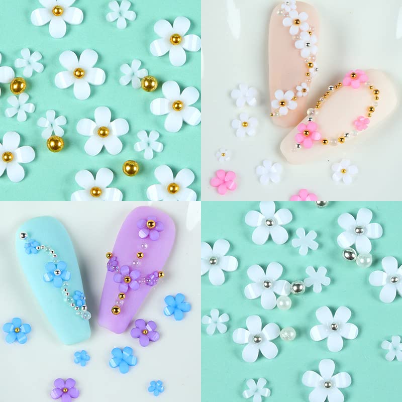 3D Acrylic Flower Nail Charms with Pearl & Golden Caviar Beads - DIY Nail Art Accessories for Manicure, Nail Designs & Decorations - Perfect for Home Salon, Party Nails, Wedding & Special Occasion Nail Art