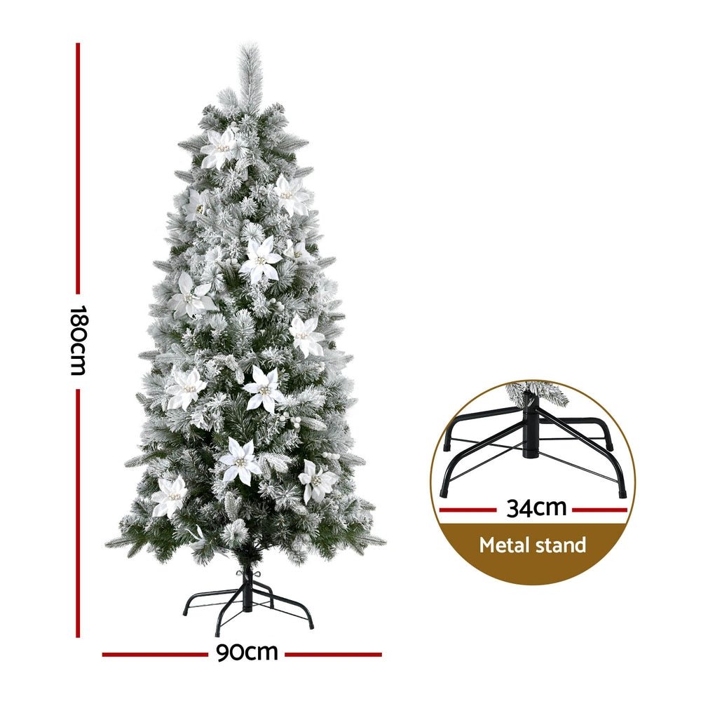 1.8m Snow Flocked Christmas Tree with 564 Tips & Flower Decorations - Perfect for Holiday Home Decor, Office, and Party Celebrations