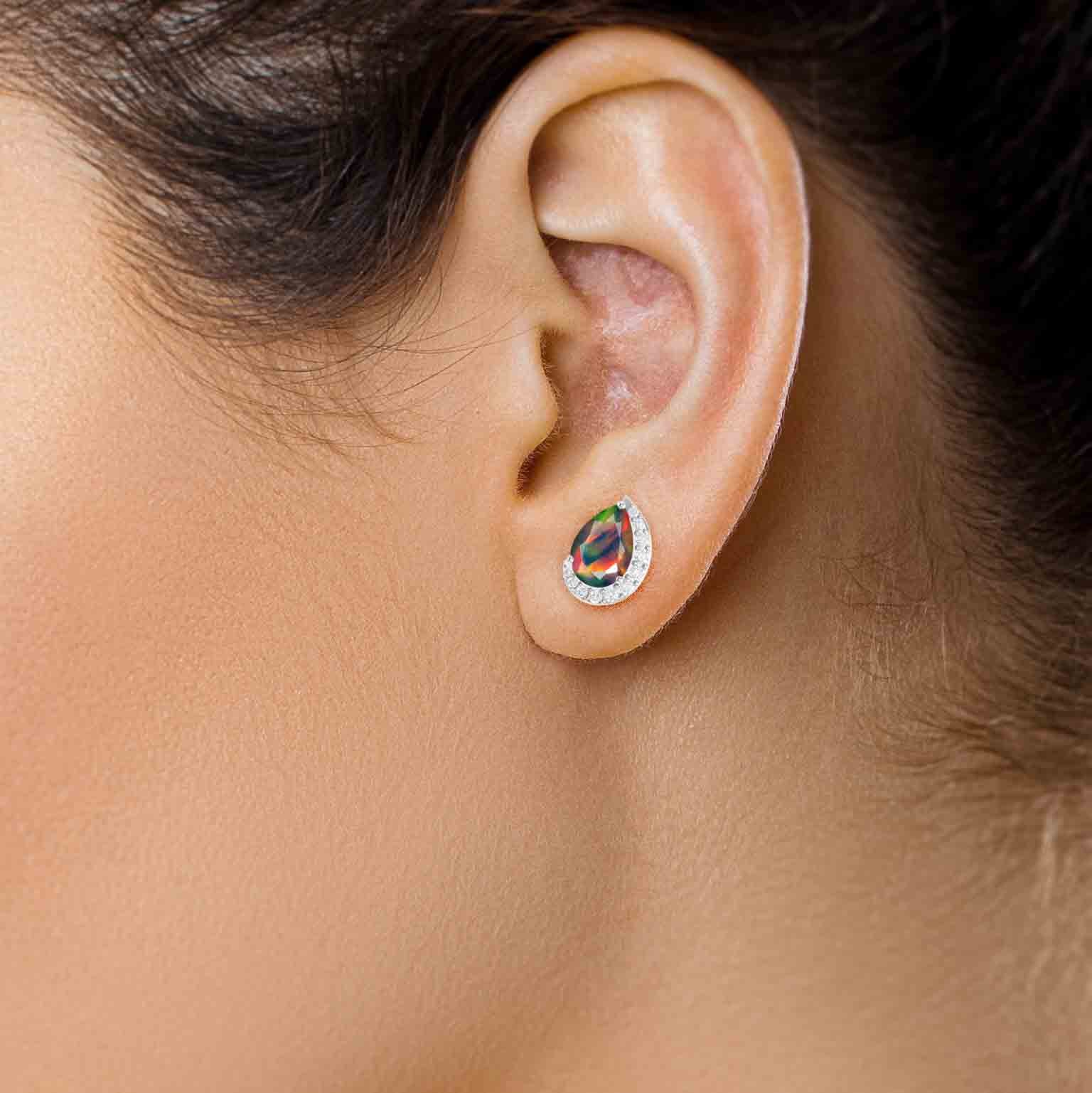 Black Ethiopian Opal Pear Stud Earrings for Women - Dainty Gemstone Jewelry for Everyday Wear & Special Occasions