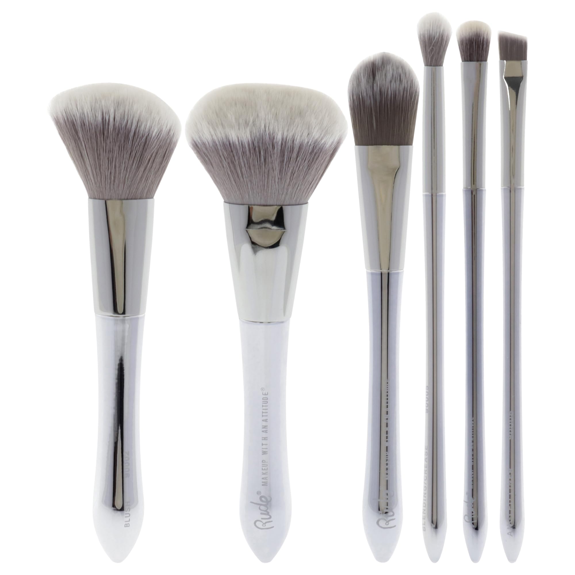 Rude Cosmetics Silver Bullet Makeup Brush Set - 6 Piece Professional Gun-Themed Brush Kit (Beretta Powder, Glock Blush, Remington Foundation, Shotgun, Browning Angled) for Women | Perfect for Everyday Makeup, Travel & Professional Makeup Artists