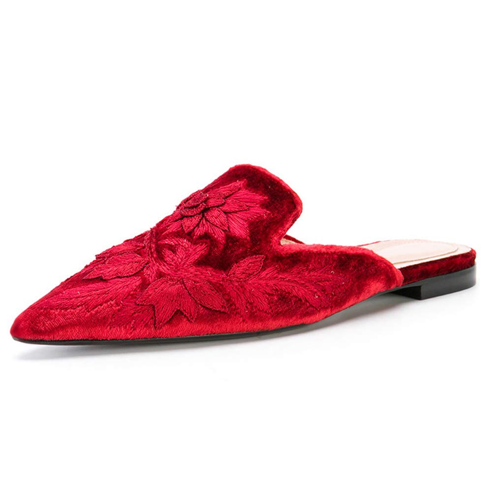 Women's Pointed Toe Embroidered Mule Slippers - Backless Slip-On Loafers for Women - Comfortable House Shoes & Casual Flats for Home, Office & Outings