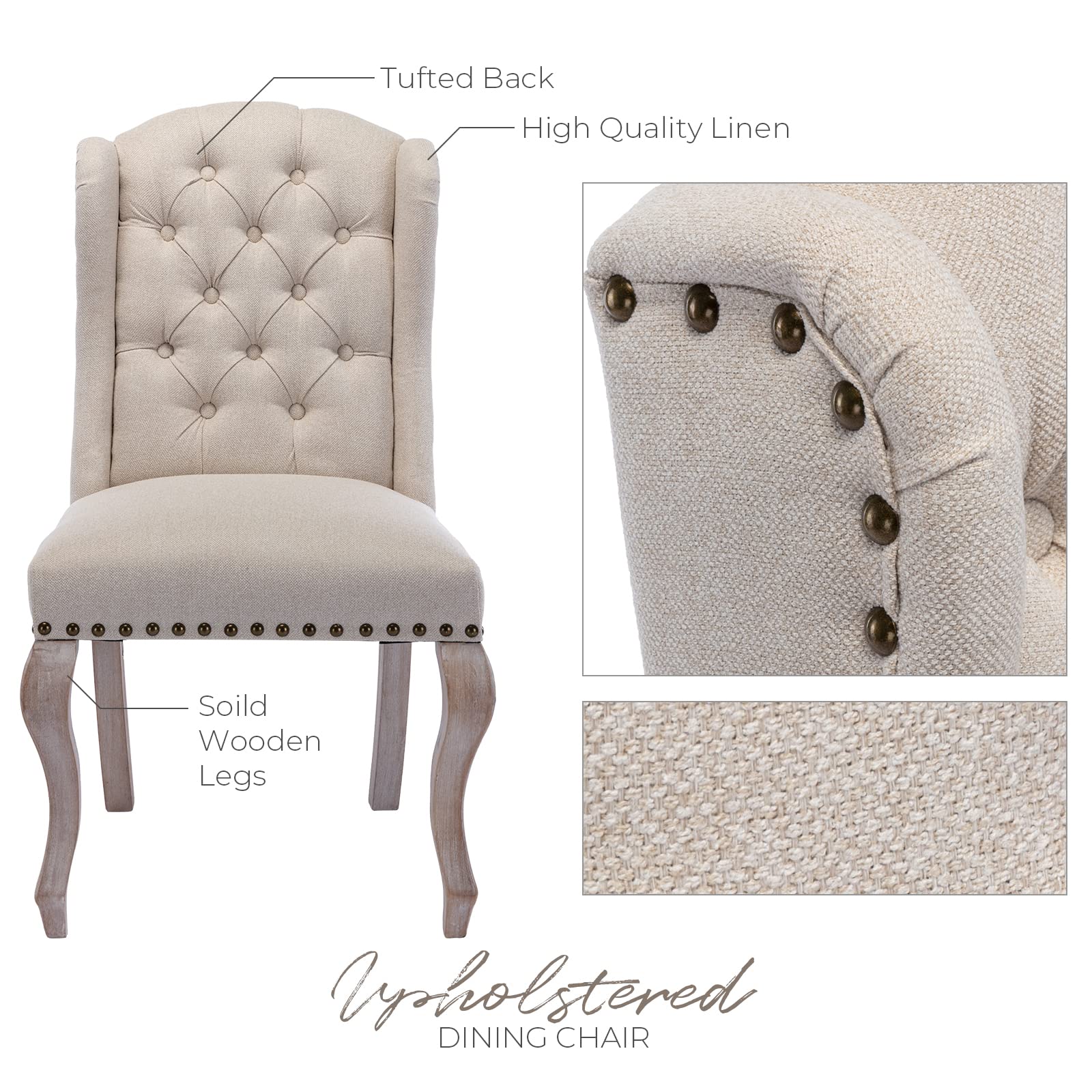 Mid Century Modern Accent Dining Chairs Set of 2 - Upholstered Parsons Wingback Chairs with Solid Wood Legs, Tufted Side Chairs for Kitchen, Dining & Living Room in Linen Cream - Perfect for Home Decor, Entertaining & Small Space Dining