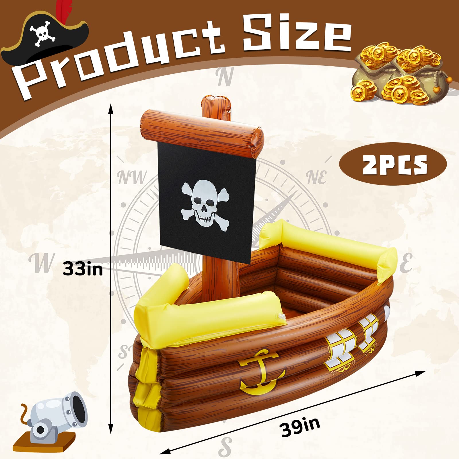 Inflatable Pirate Ship Cooler - 2 Pack Halloween Party Decor, Food & Beverage Serving for Bar, Birthday, Pool Parties - Perfect for Outdoor Events & Themed Gatherings