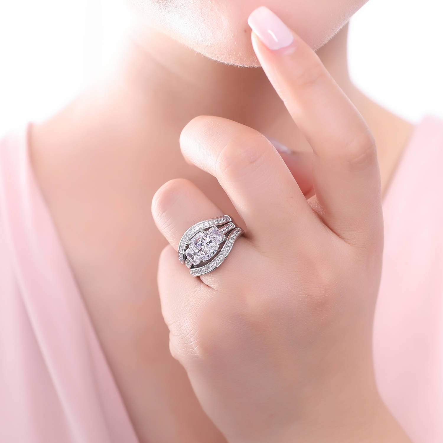 BERRICLE Sterling Silver 3-Stone Wedding & Engagement Ring Set - 2.6 Carat Cushion Cut Cubic Zirconia CZ for Women, Rhodium Plated, Size 4-10 - Perfect for Proposals, Anniversaries & Special Occasions
