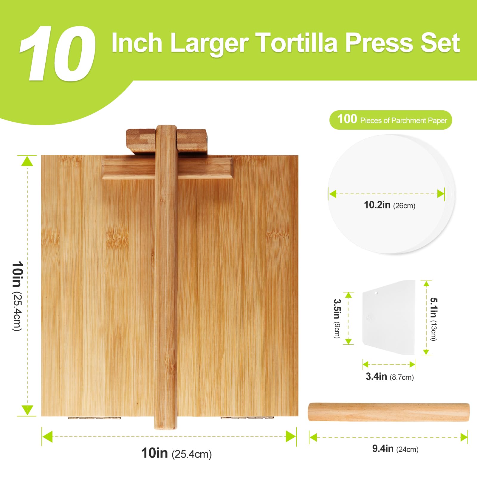 10 Inch Bamboo Wood Tortilla Press Maker - Large Roti Maker with Rolling Pin, Dough Scraper & Parchment Paper - Perfect for Homemade Tortillas, Roti, Tacos, Chapati - Ideal for Mexican, Indian Cuisine & Family Cooking