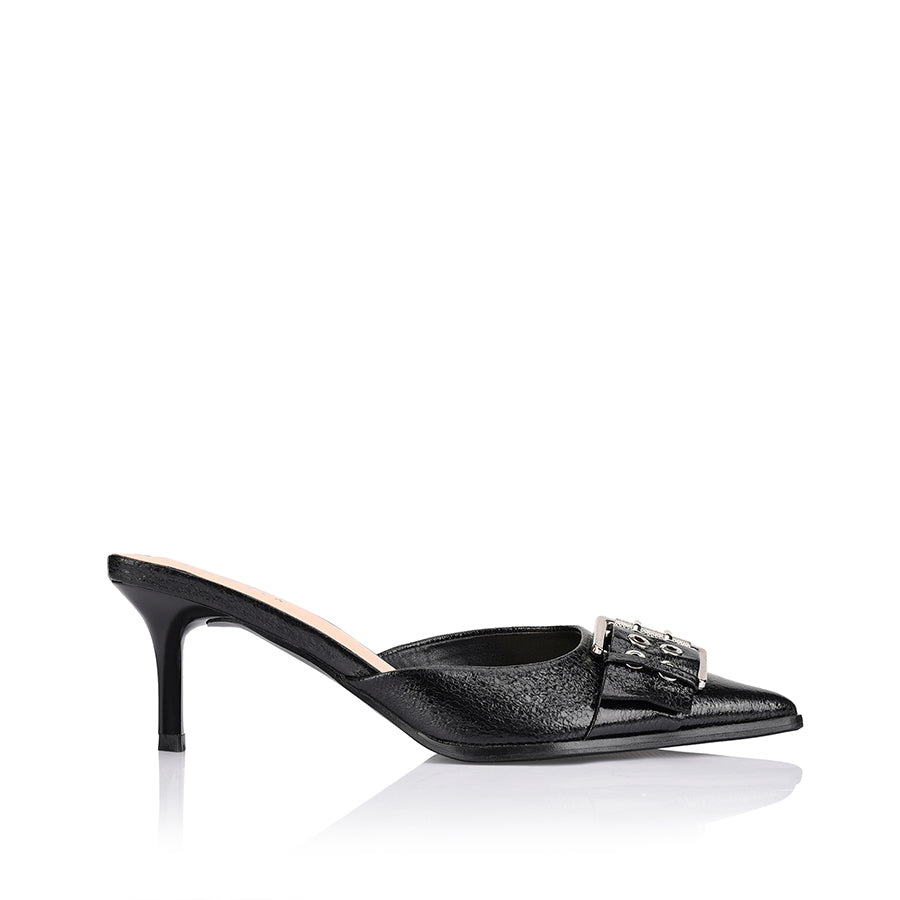 Sez Buckle Stiletto Mules - Black Crinkle Leather Slip-On Heels for Women | Comfortable & Stylish Shoes for Office, Party & Evening Wear