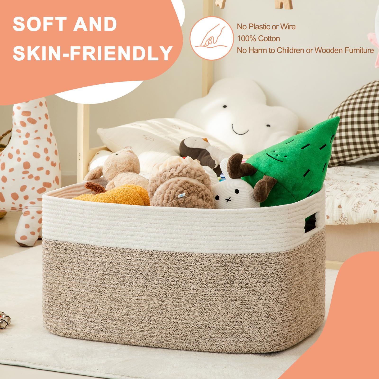 75L Large Woven Cotton Rope Storage Basket - Blanket Organizer, Toy Bin for Kids Nursery & Living Room Decor (22