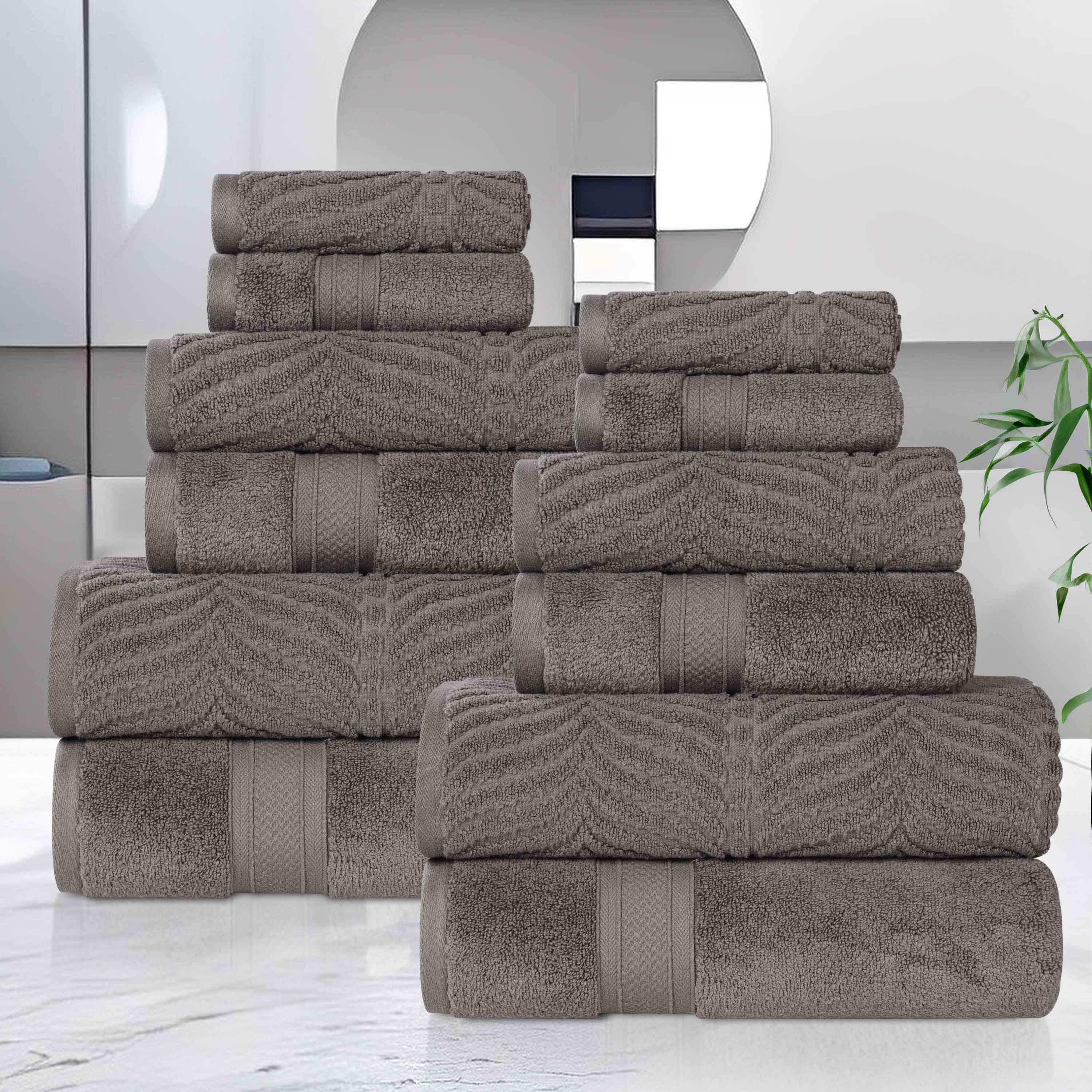 Premium 12-Piece Zero Twist Cotton Towel Set - Solid & Jacquard Chevron Design for Bath, Spa, and Luxury Home Decor