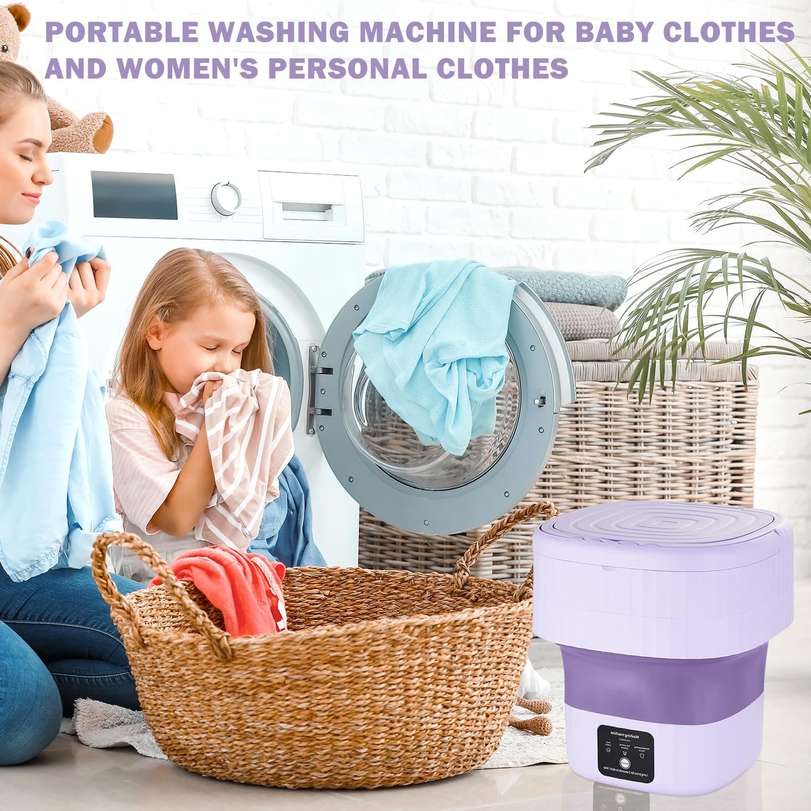 9L Portable Mini Washing Machine & Dryer Combo - Compact Foldable Design with Clip for Underwear, Baby Clothes, Small Laundry - Perfect for Apartments, Dorms, RV, Travel & Camping (Purple)