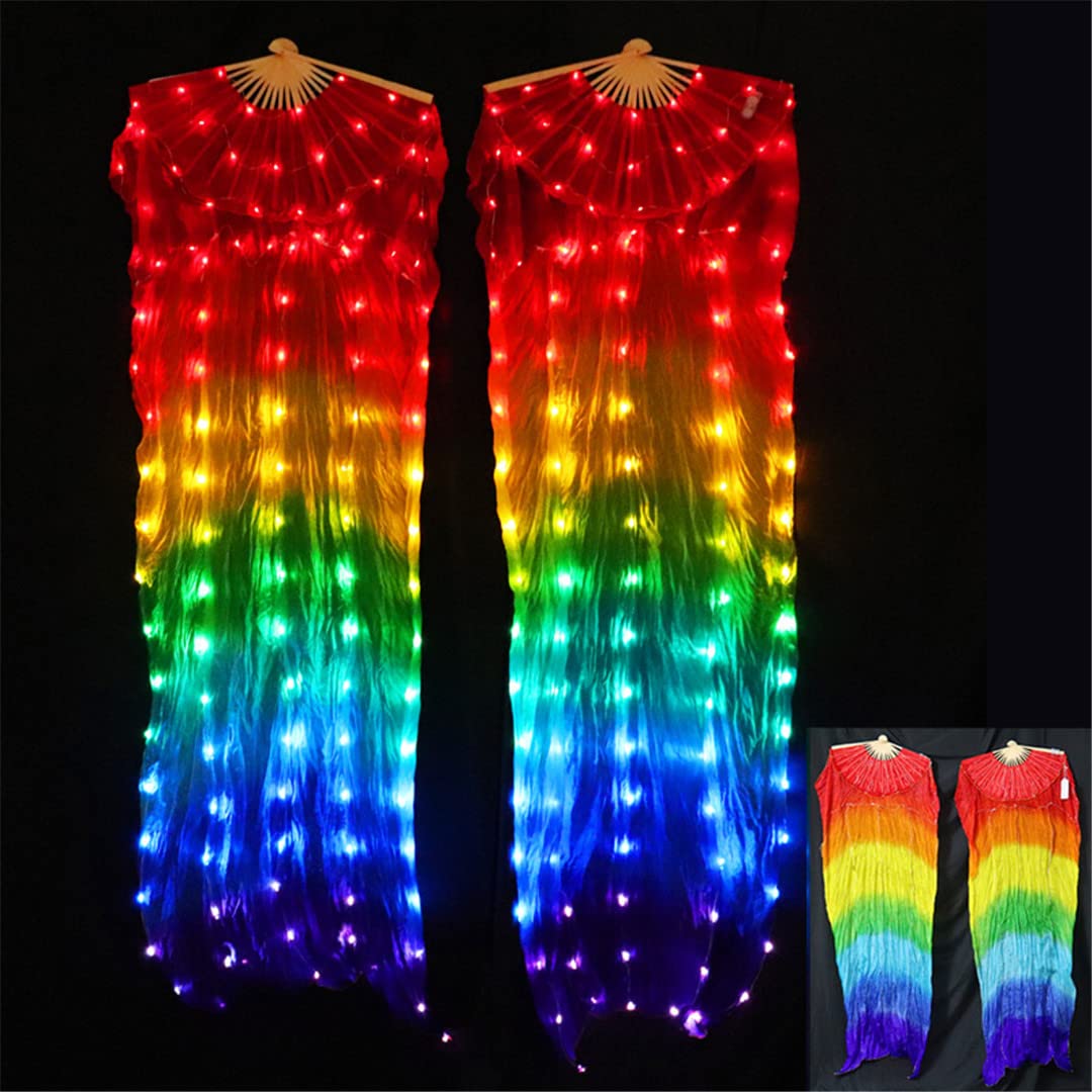 100% Silk LED Rainbow Dance Fans for Women - Pair of Left & Right Hand Belly Dance Performance Props (White/Rainbow, 180x90cm) - Perfect for Stage Shows, Wedding Performances, and Cultural Events