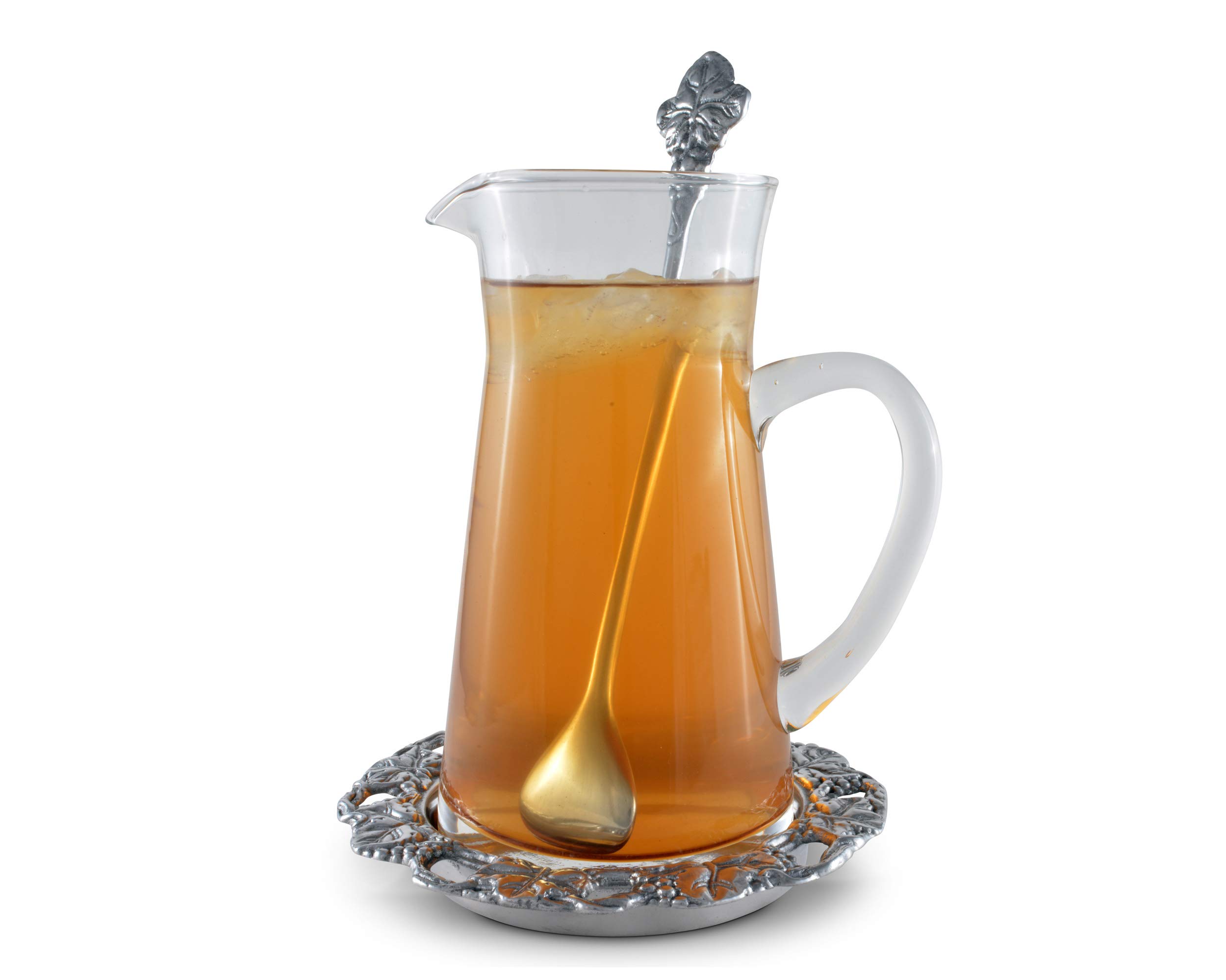 Arthur Court Designs 3-Piece Beverage Set - Glass Pitcher with Grape Design, Coaster & Stirrer - 8.5 Inch Tall Water Jug for Cold Drinks, Iced Tea, Lemonade & Juice - Perfect for Parties, BBQs & Outdoor Entertaining