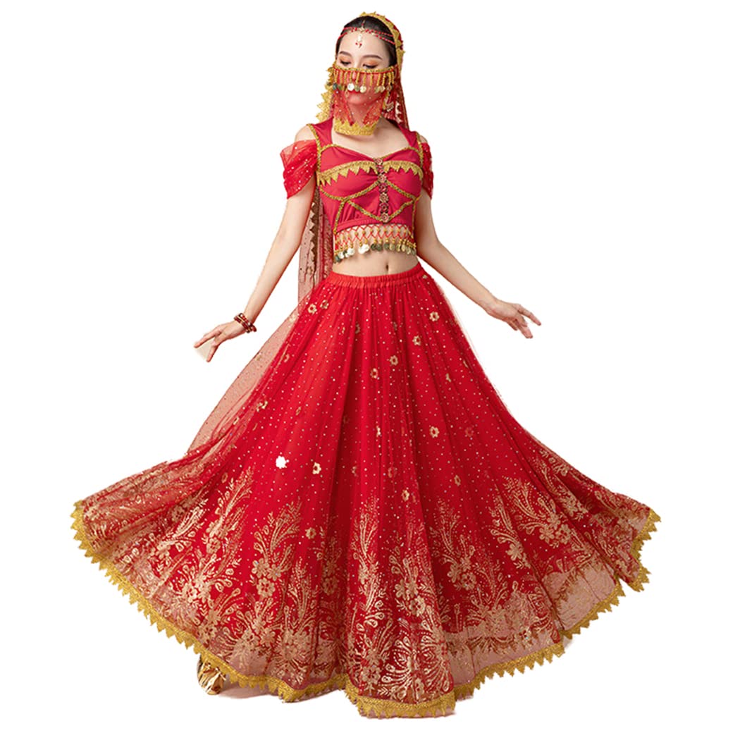 **Indian Dance Costumes 7-Piece Set – Bollywood Performance Outfit with Large Skirt & Retro Dresses – Belly Dance Costume for Women – Perfect for Stage Shows, Cultural Events & Dance Performances**