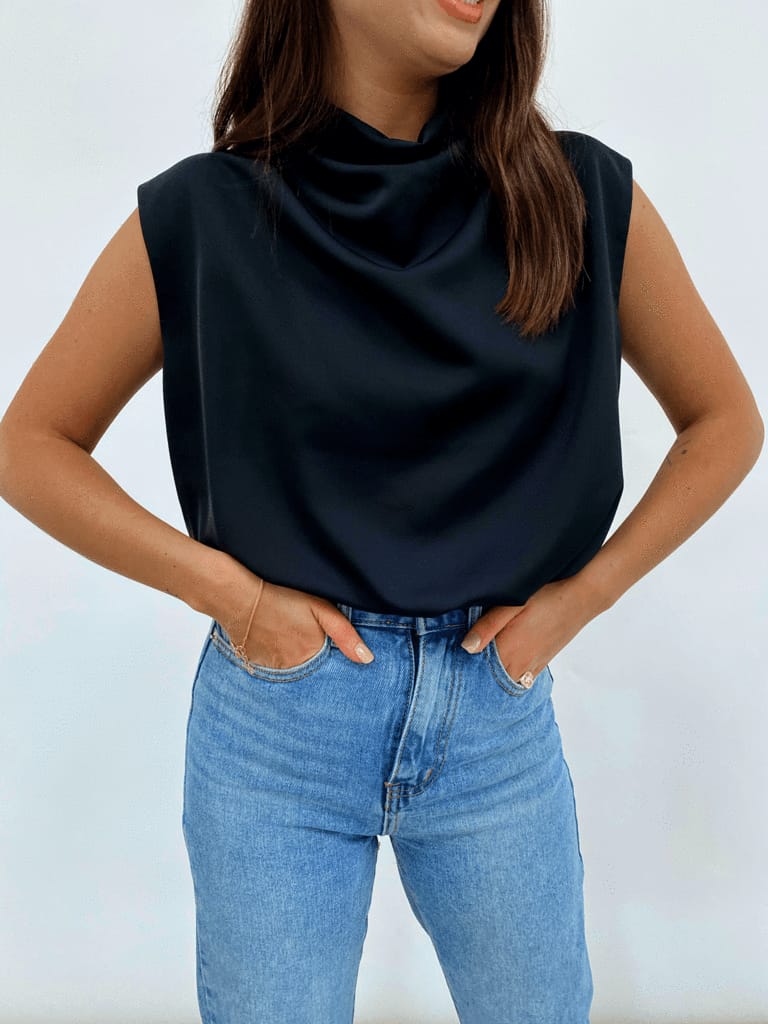 Farrah Funnel Neck Blouse for Women - Elegant Black Long Sleeve Tops - Perfect for Office Wear, Business Casual & Date Night Outfits