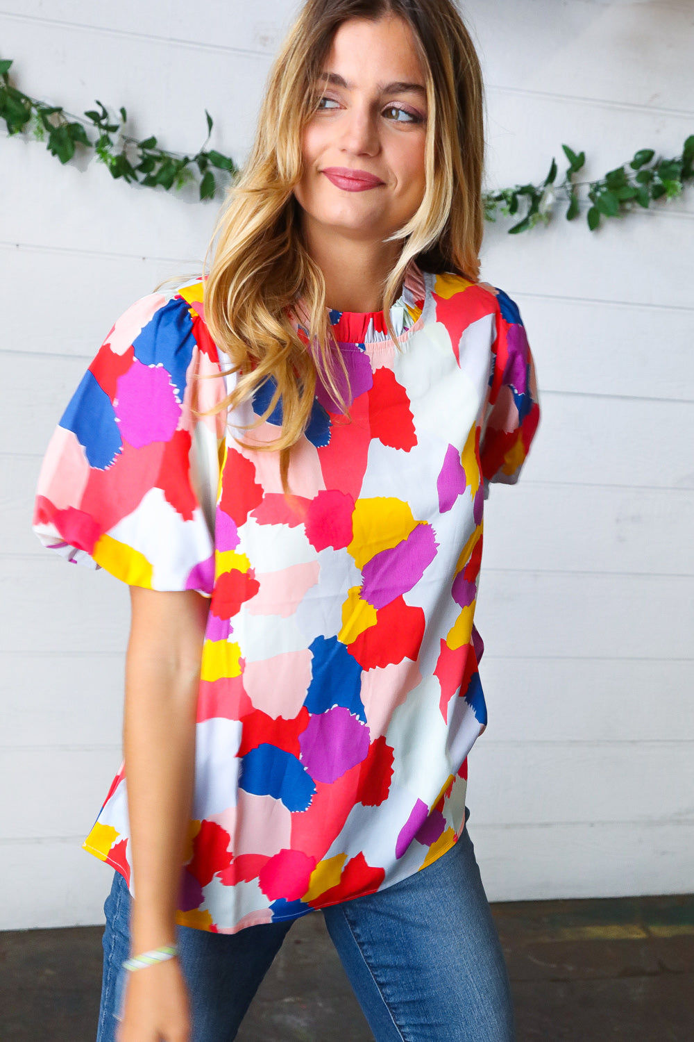 Vintage-Inspired Multicolor Print Frilled Mock Neck Puff Sleeve Blouse for Women | Floral Ruffle Top for Casual Outings, Date Nights & Spring Fashion