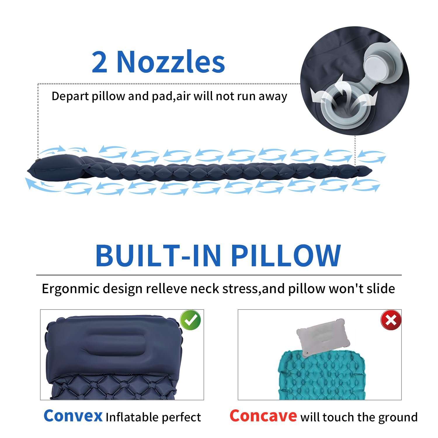 Ultra-Light Inflatable Camping Sleeping Pad with Built-in Foot Pump & Pillow - Perfect for Backpacking, Hiking, Travel - Navy Blue - Ideal for Outdoor Adventures, Camping Trips & Backpacking Sleep Comfort