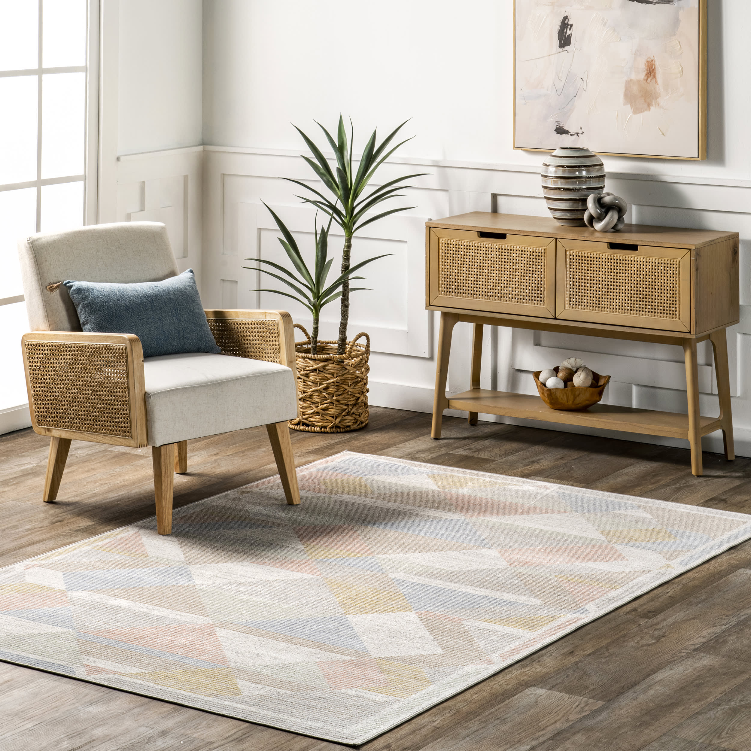 Azalia Washable Pastel Geometric Area Rug - Soft Beige Boho Chic Decor for Living Room, Bedroom & Nursery | Non-Slip Easy Clean Modern Floor Mat