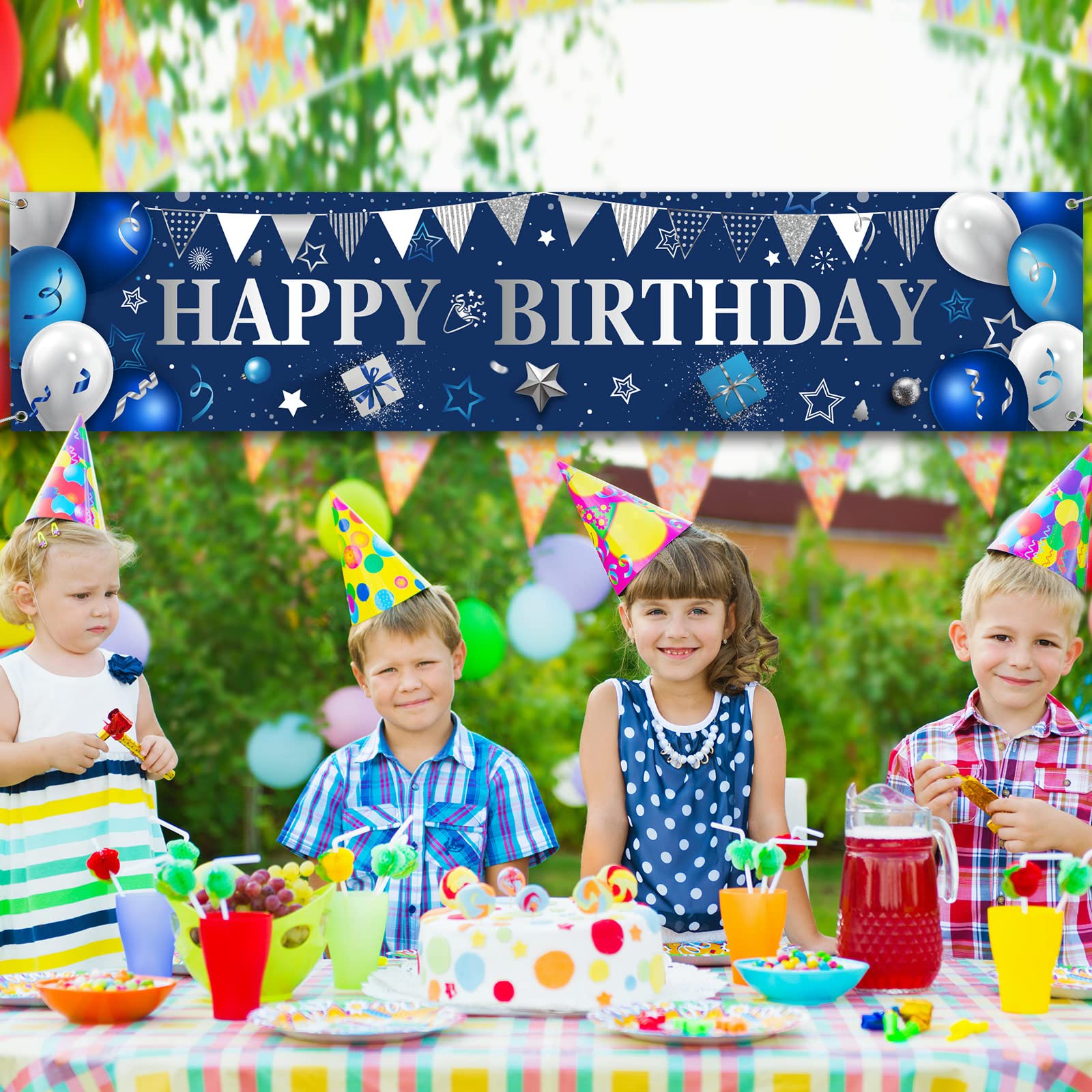 Happy Birthday Yard Banner - Large Outdoor & Indoor Party Decor for Men & Women - Blue & Silver Backdrop for Birthday Celebrations, Events & Photo Booths