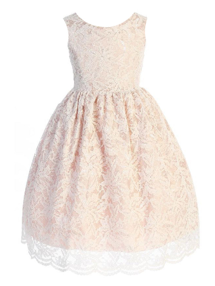 Big Girls Blush Lace V-Back Junior Bridesmaid Dress Size 8-14 | Elegant Formal Gown for Weddings, Prom, and Special Occasions