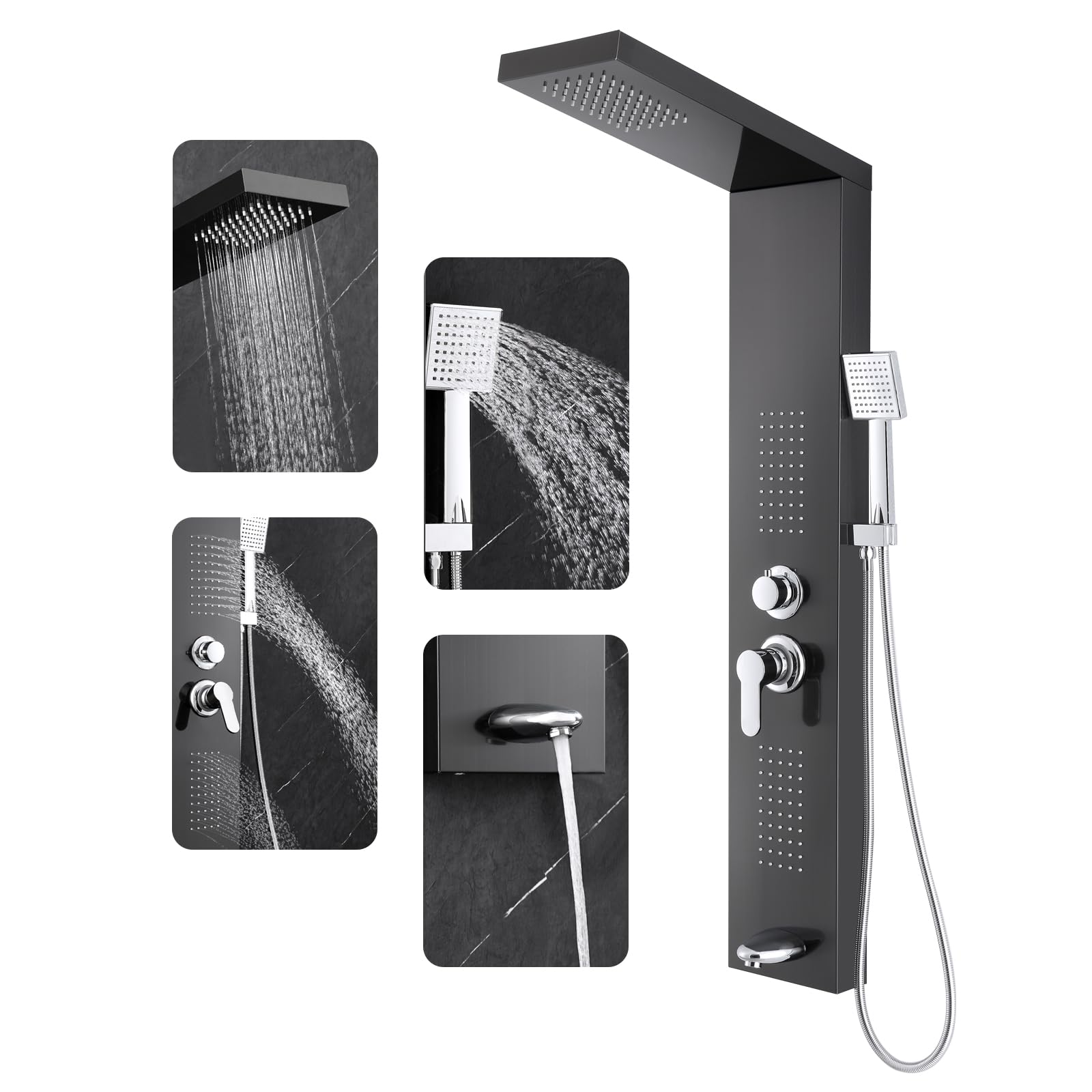 ROVOGO 46.5 Inch Black Stainless Steel Shower Panel Tower System - Rainfall Showerhead, 6 Body Jets, Handheld Spray & Tub Spout - High Pressure Bathroom Upgrade for Spa-Like Experience | Perfect for Master Bath, Luxury Home Renovation & Relaxation