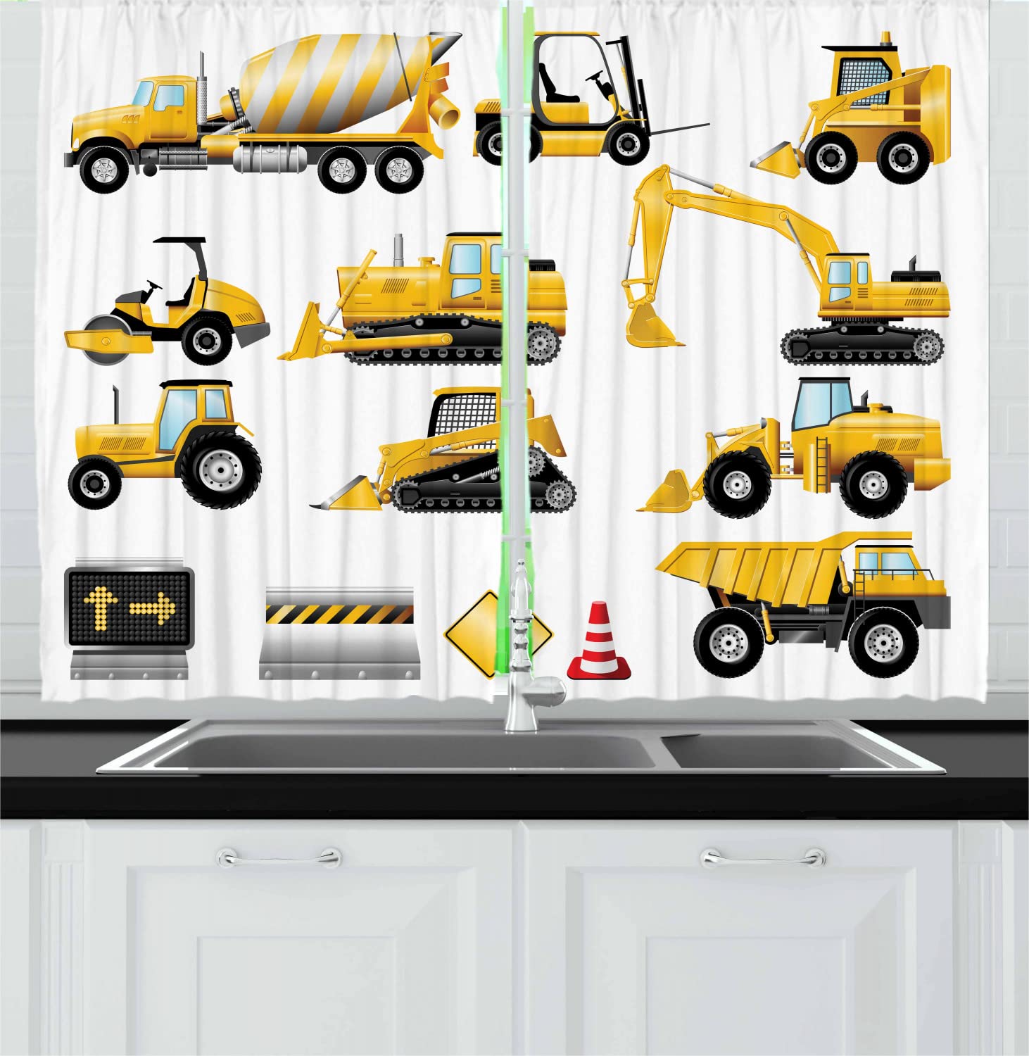 Ambesonne Construction Site Themed Nursery & Kitchen Curtains - Yellow Black Red Cartoon Machinery Drapes, 55