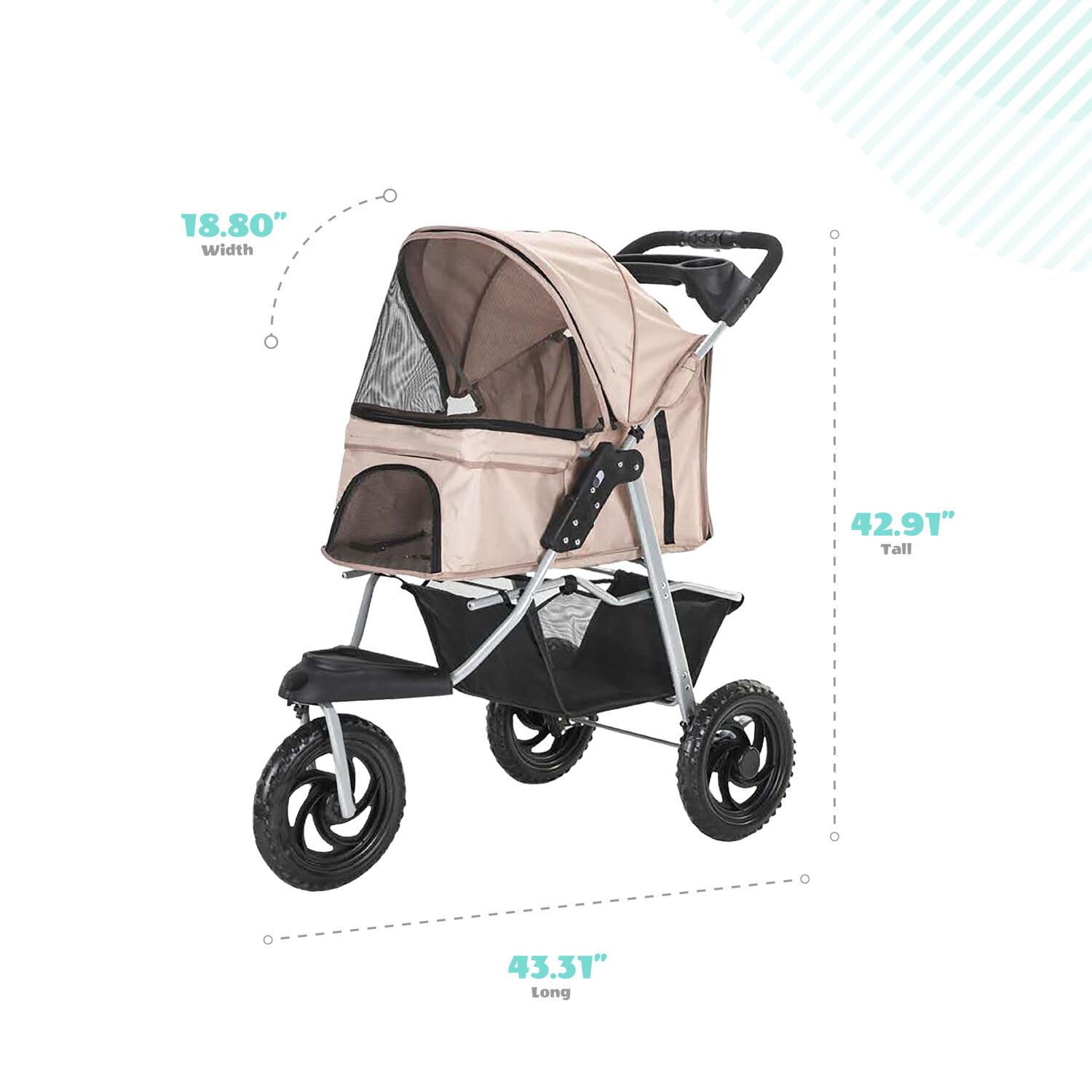 Critter Sitters 3-Wheel Jogging Dog Stroller with Storage Basket & Cup Holders - Modern Pet Stroller for Medium/Large Dogs up to 55lbs - Lightweight Puppy Stroller for Daily Walks, Park Visits & Outdoor Adventures (Tan)