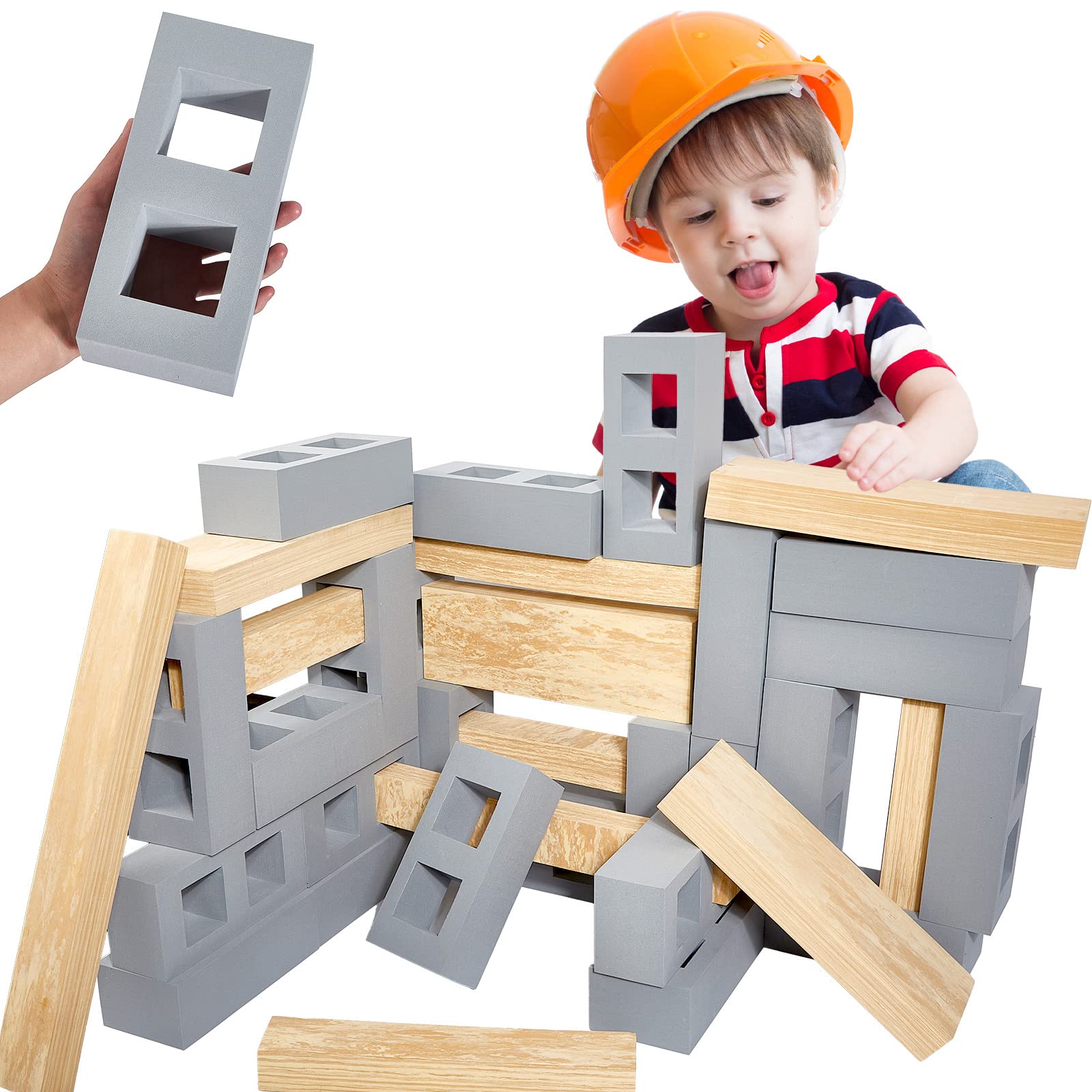 Deekin 25 Pcs Foam Brick Building Blocks & 12 Pcs Wooden Beam Foam Cinder Blocks - Large Fake Brick Builders Set for Construction, Stacking & STEM Learning - Perfect for Kids Playroom, Classroom & DIY Home Decor (Gray)